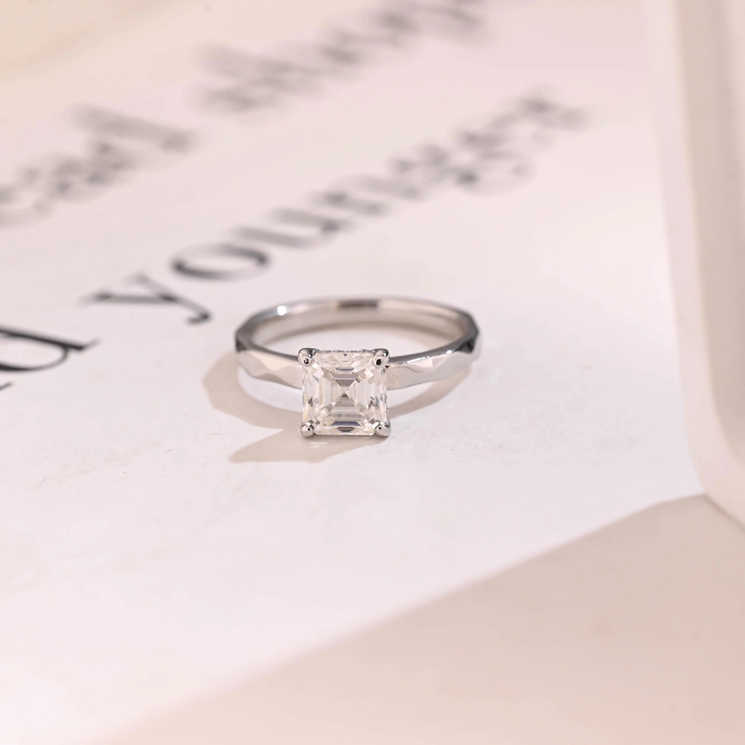 Solid Gold Asscher Cut Moissanite Engagement Ring with Hidden Halo Main image