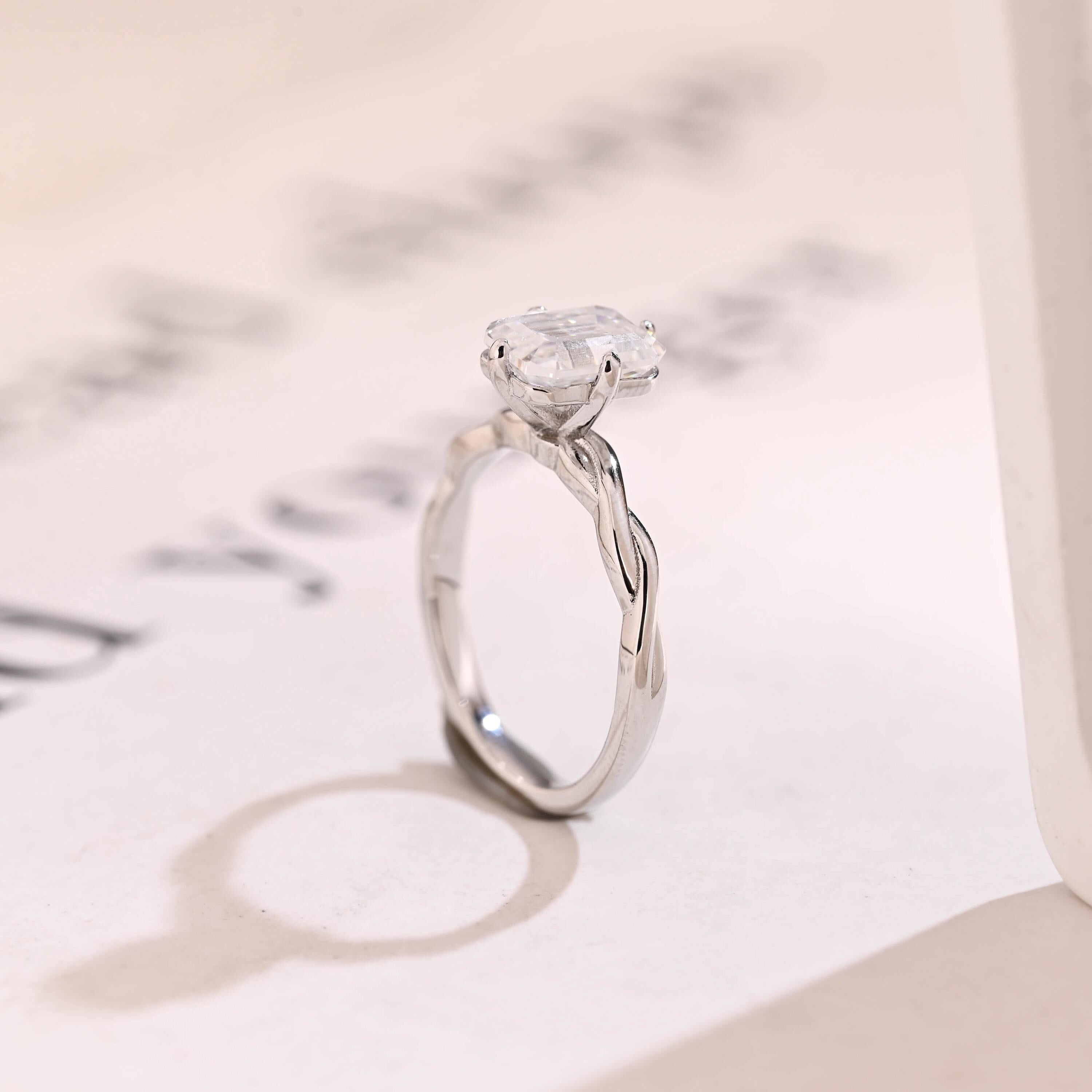 Solid Gold Emerald Cut Moissanite Engagement Ring, Twisted Band Promise Ring