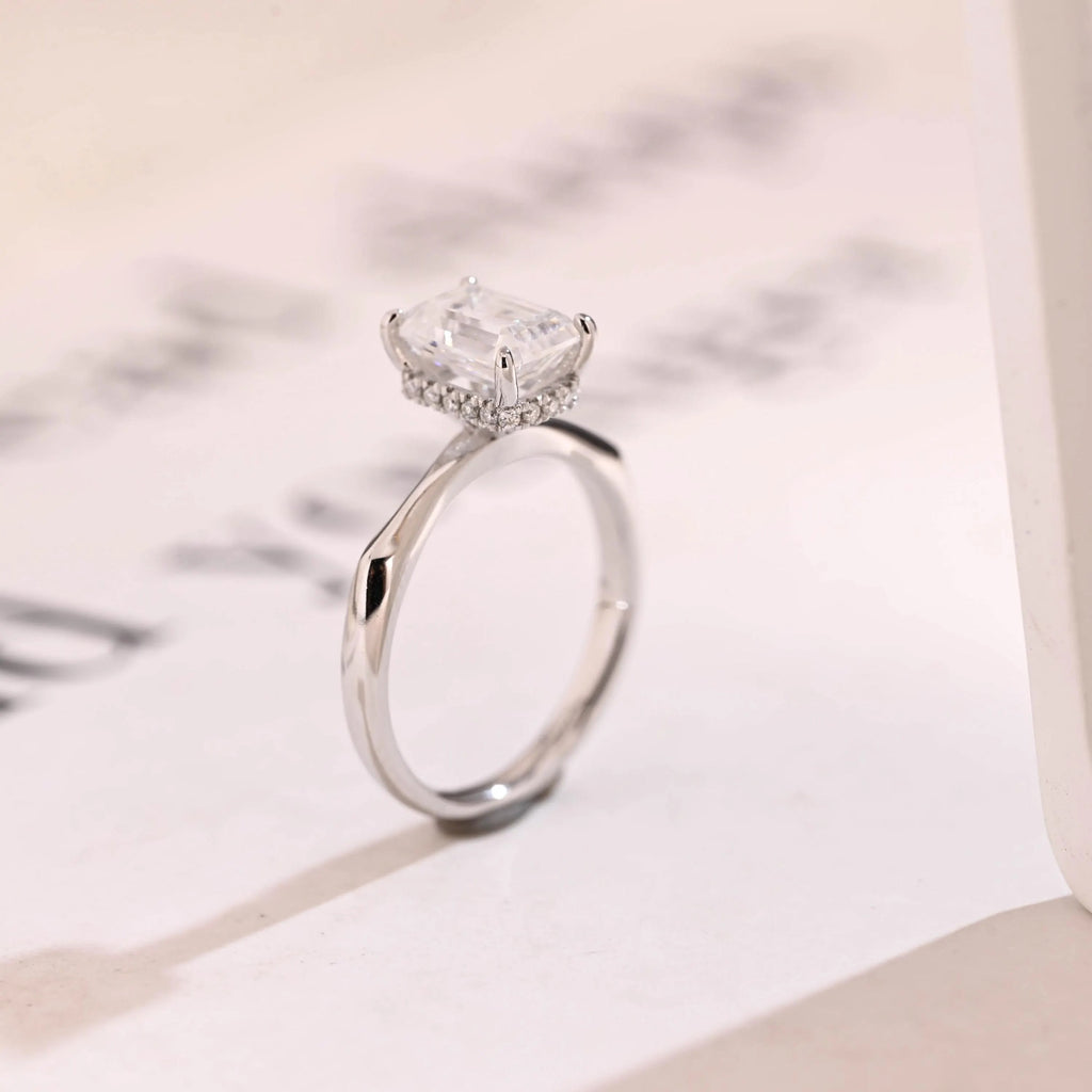 Solid Gold Emerald Cut Moissanite Engagement Ring with Hidden Halo, Promise Ring