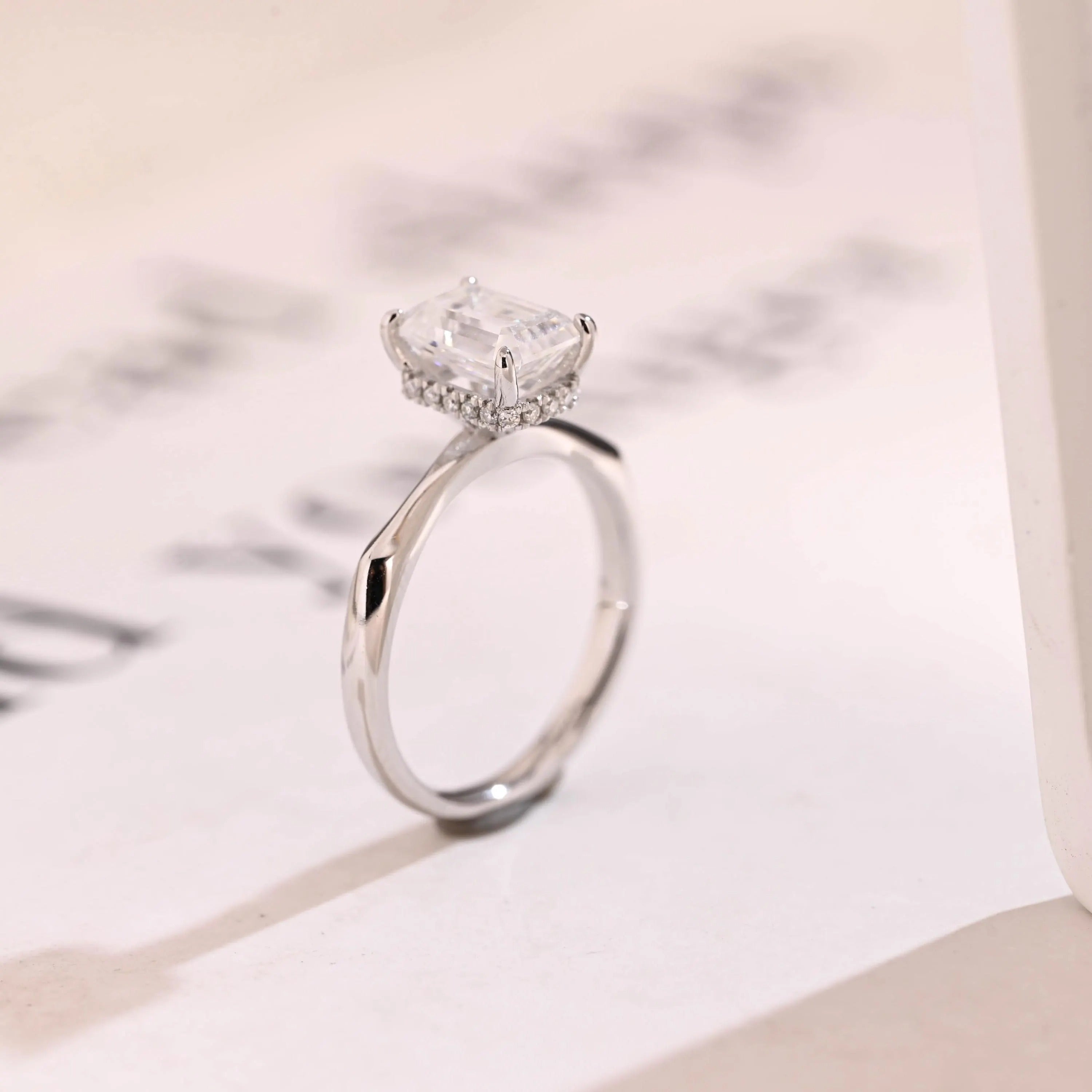 Solid Gold Emerald Cut Moissanite Engagement Ring with Hidden Halo, Promise Ring