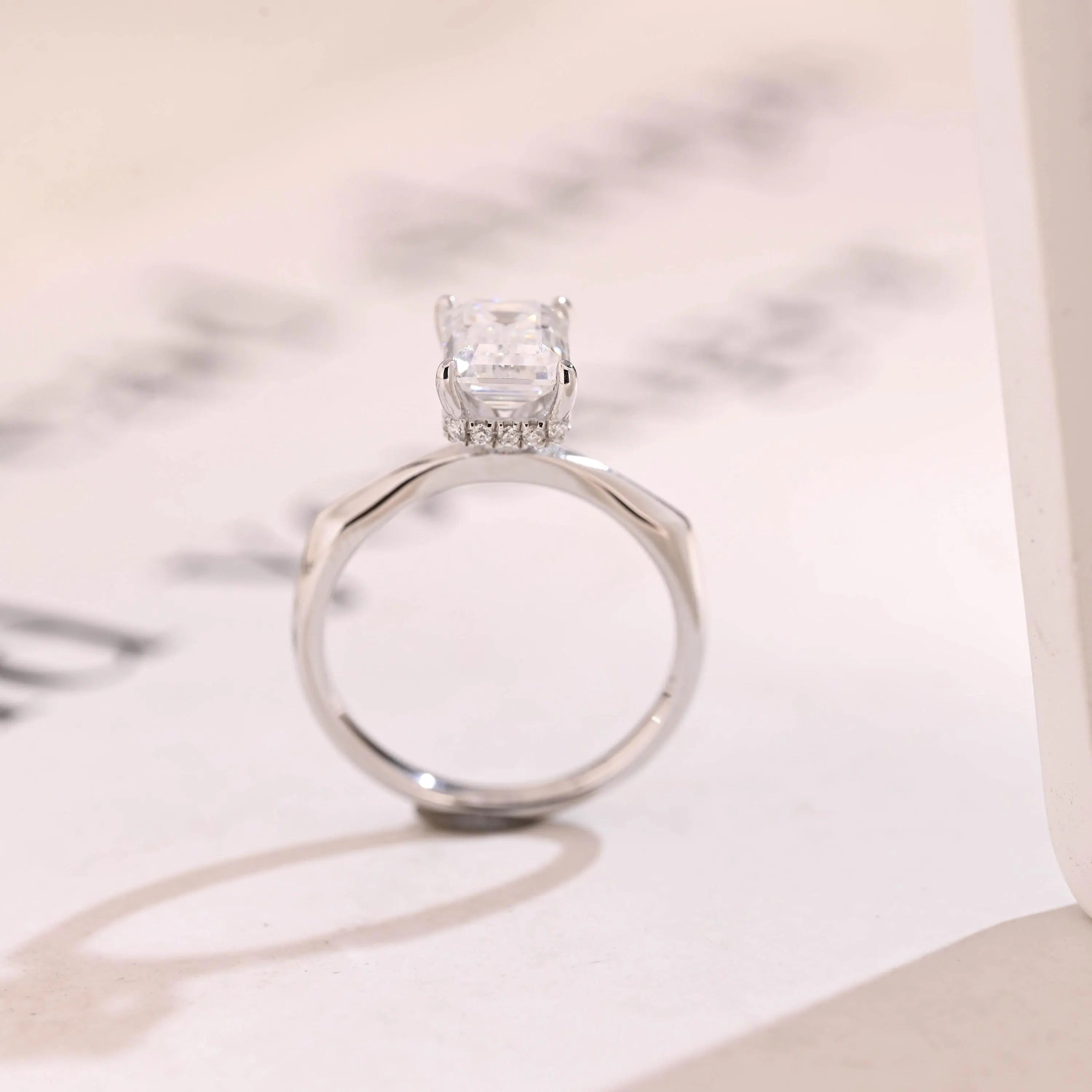 Solid Gold Emerald Cut Moissanite Engagement Ring with Hidden Halo, Promise Ring