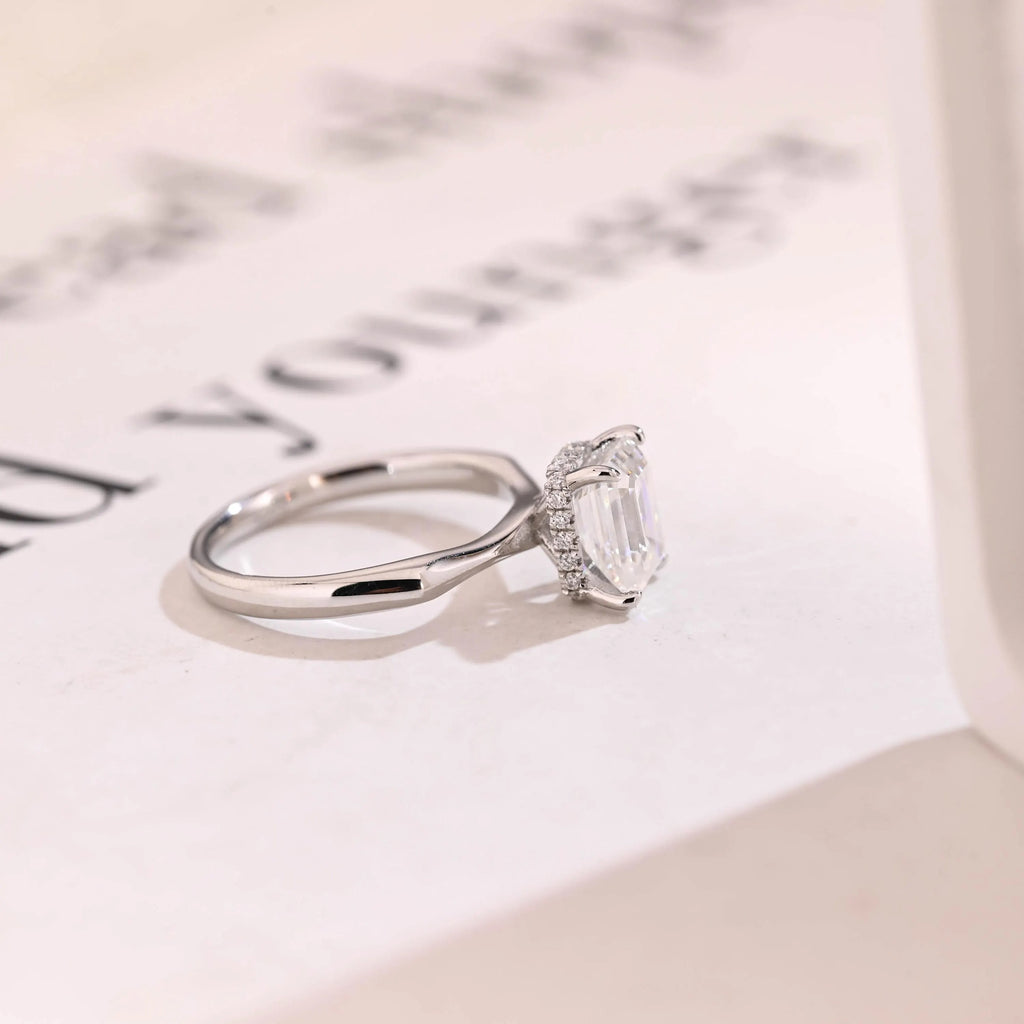 Solid Gold Emerald Cut Moissanite Engagement Ring with Hidden Halo, Promise Ring
