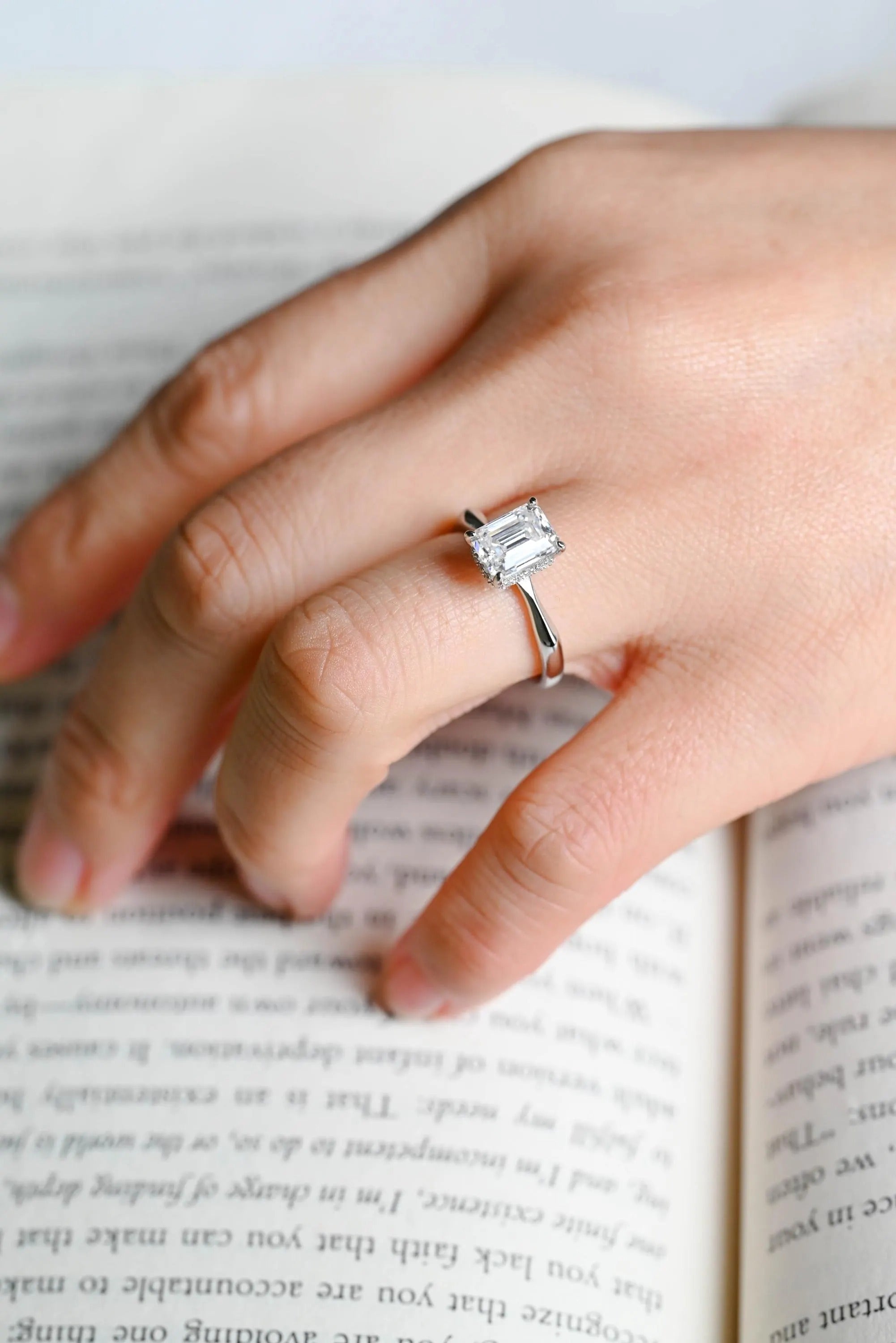 Solid Gold Emerald Cut Moissanite Engagement Ring with Hidden Halo, Promise Ring