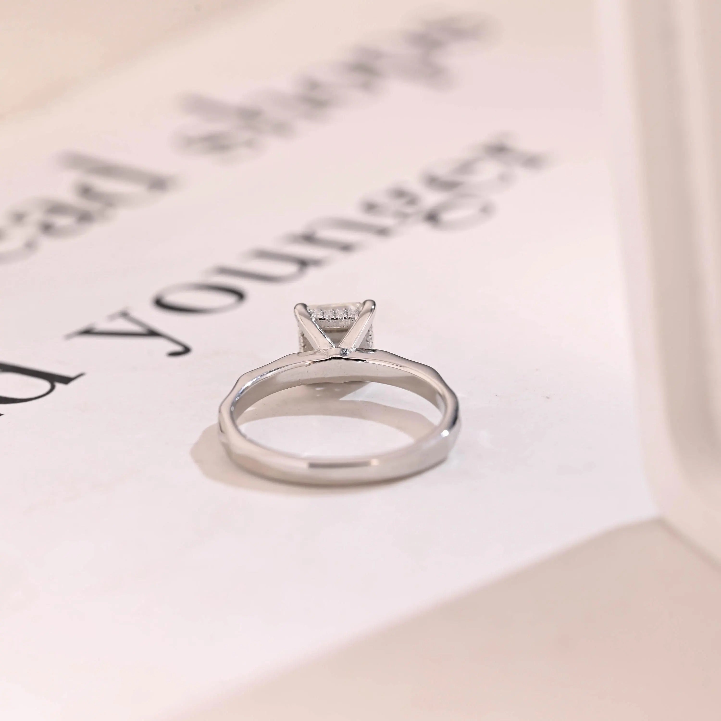 Solid Gold Asscher Cut Moissanite Engagement Ring with Hidden Halo