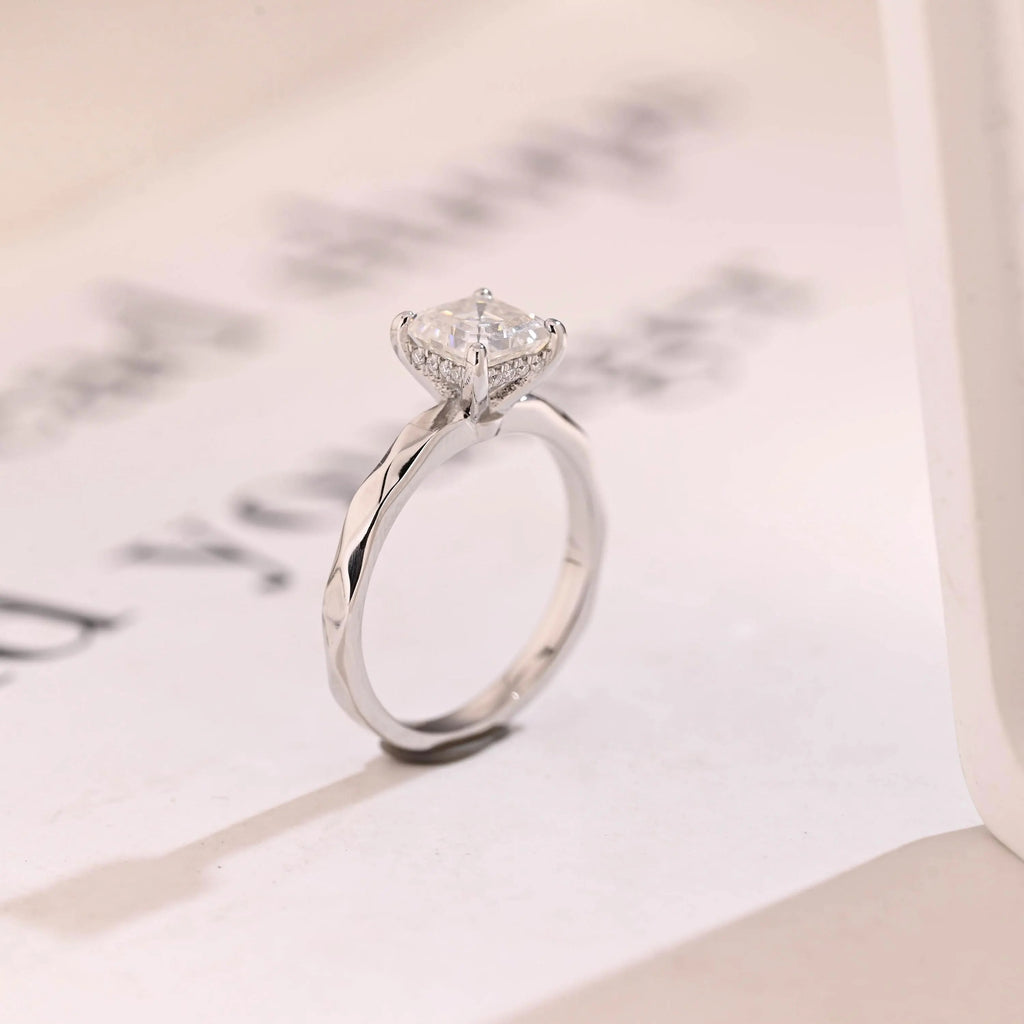 Solid Gold Asscher Cut Moissanite Engagement Ring with Hidden Halo