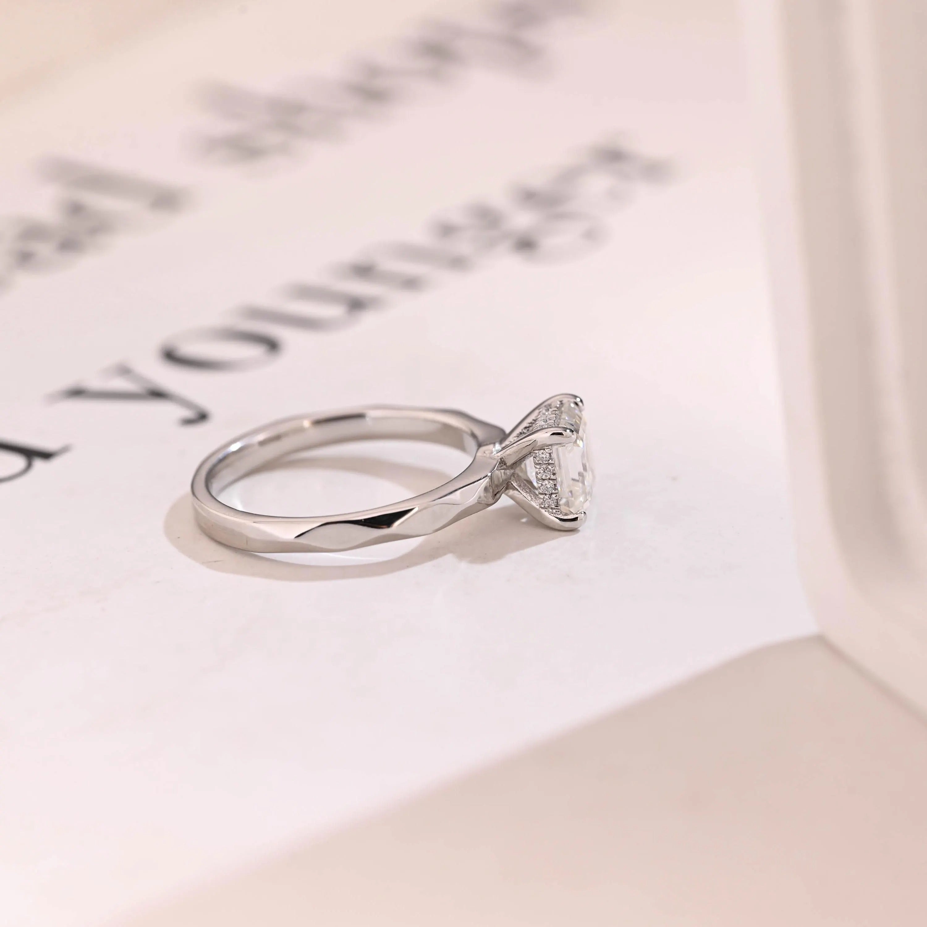 Solid Gold Asscher Cut Moissanite Engagement Ring with Hidden Halo