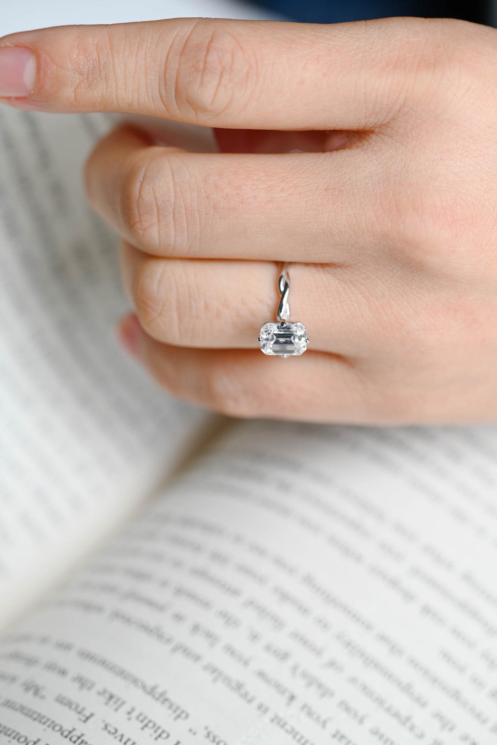 Solid Gold Emerald Cut Moissanite Engagement Ring, Twisted Band Promise Ring