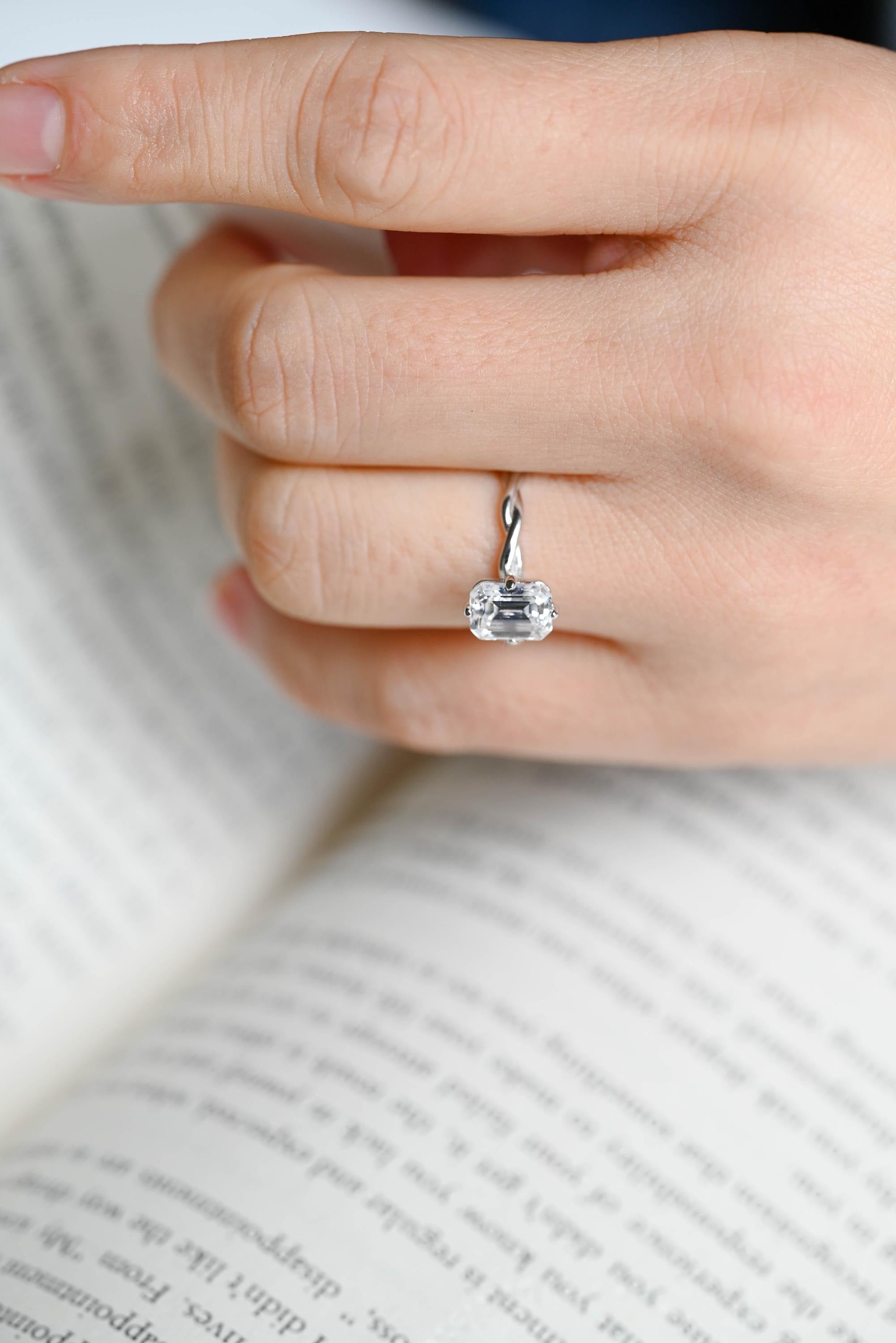 Solid Gold Emerald Cut Moissanite Engagement Ring, Twisted Band Promise Ring