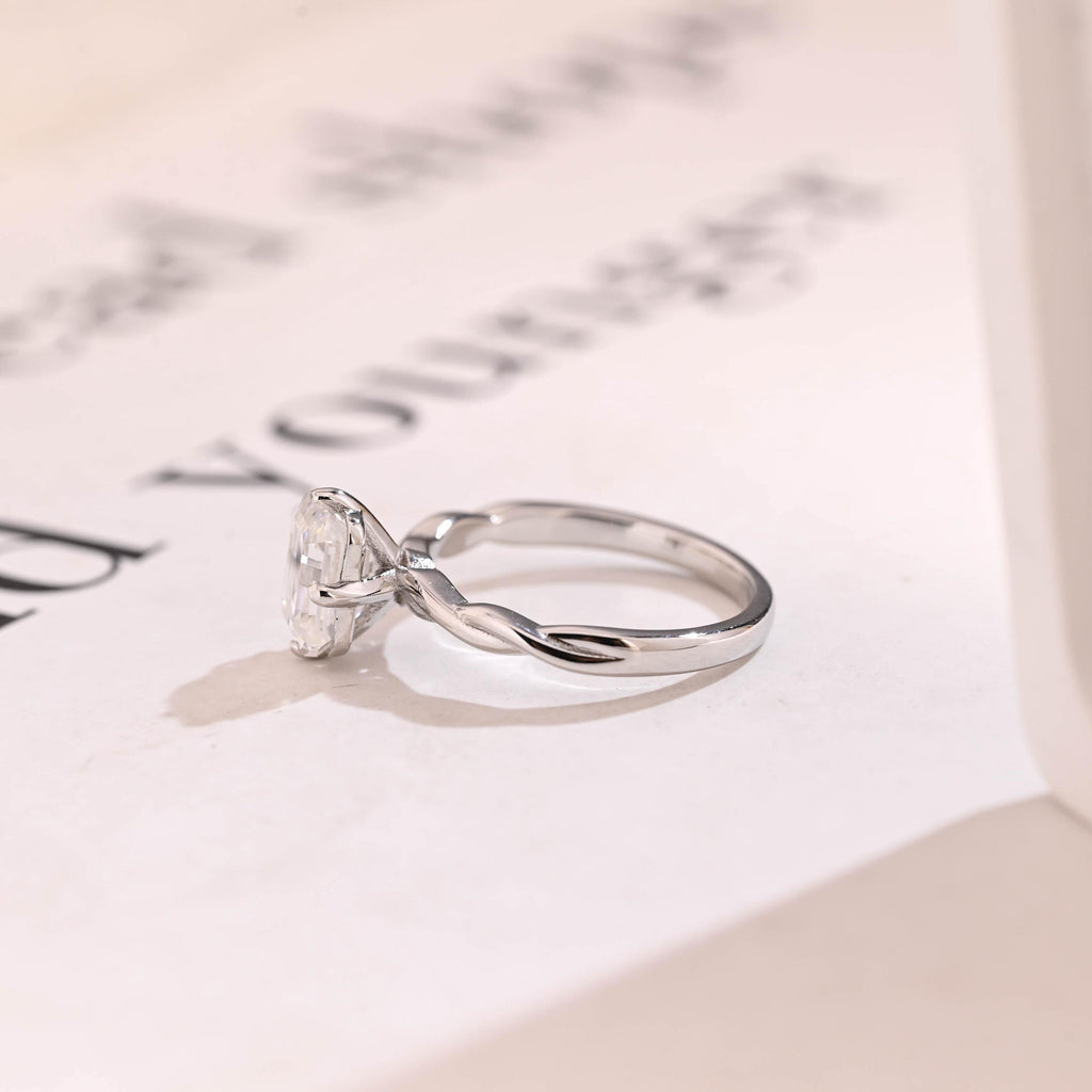 Solid Gold Emerald Cut Moissanite Engagement Ring, Twisted Band Promise Ring