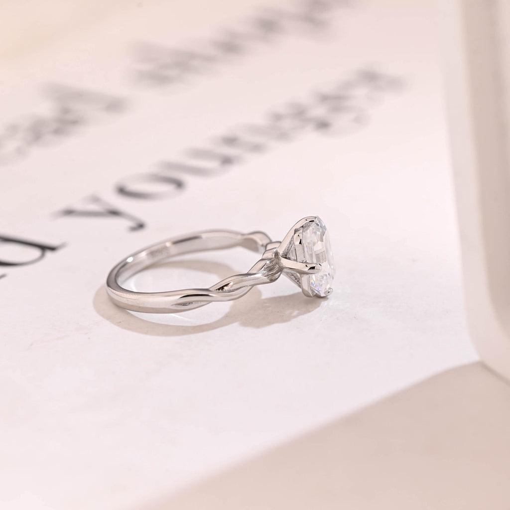 Solid Gold Emerald Cut Moissanite Engagement Ring, Twisted Band Promise Ring