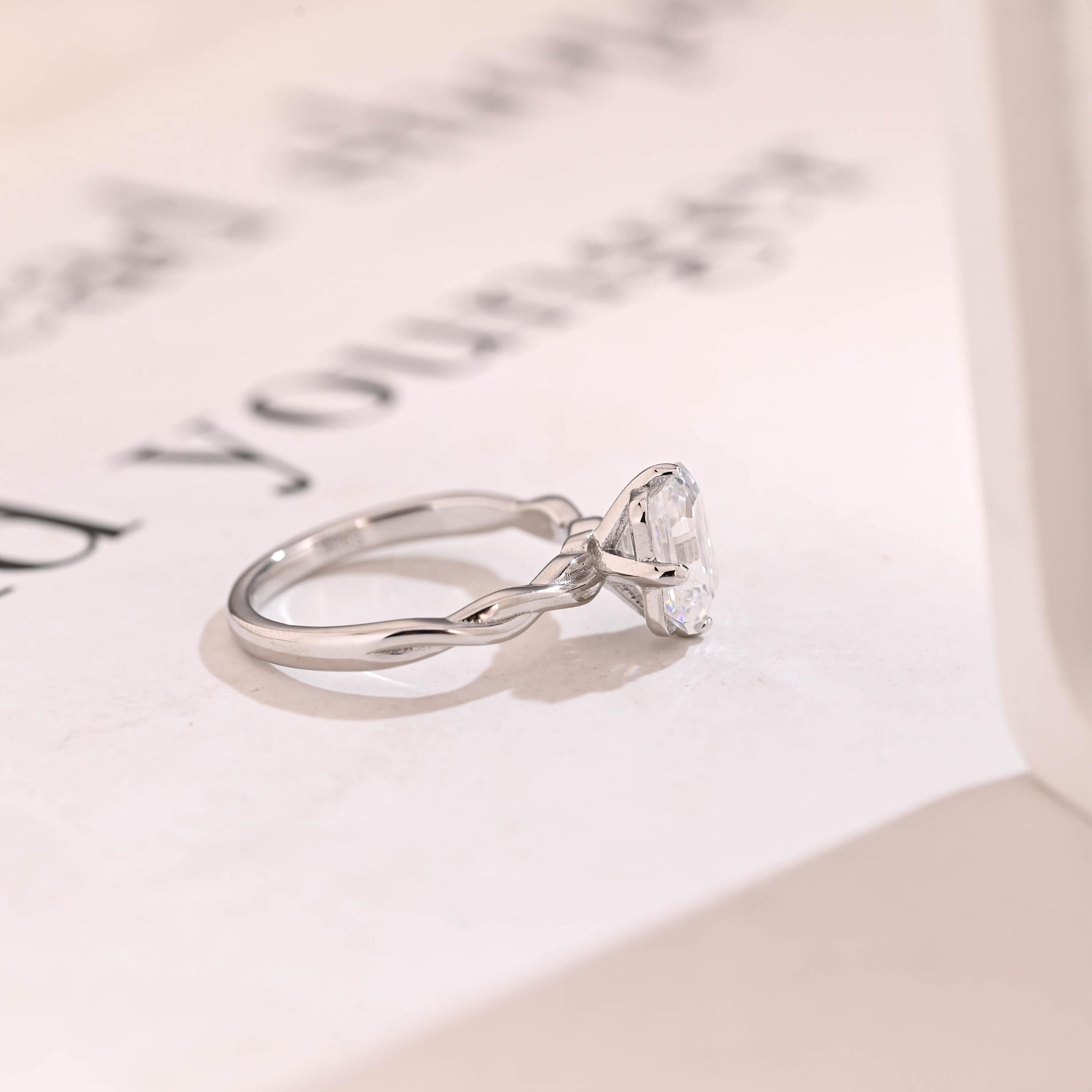 Solid Gold Emerald Cut Moissanite Engagement Ring, Twisted Band Promise Ring