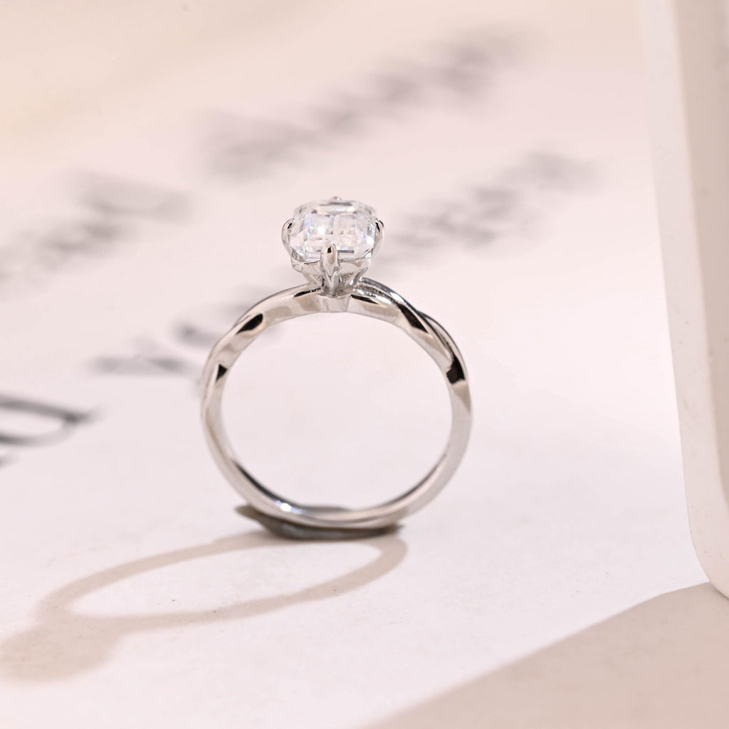 Solid Gold Emerald Cut Moissanite Engagement Ring, Twisted Band Promise Ring