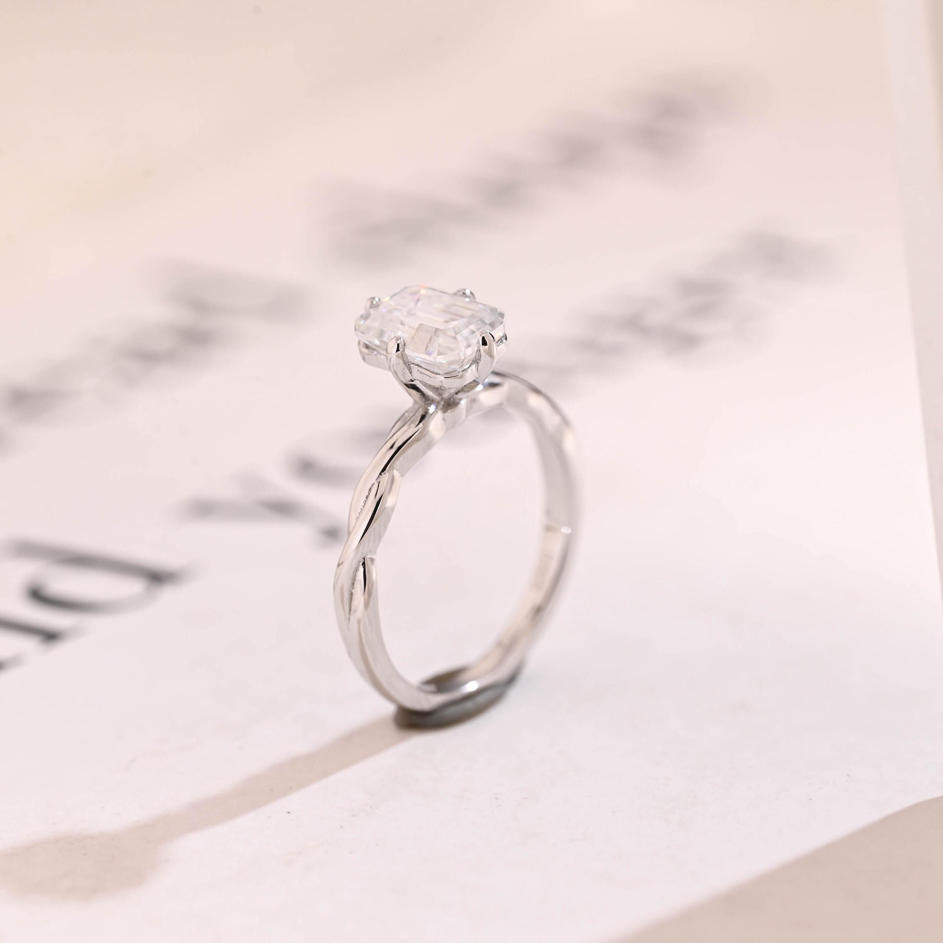 Solid Gold Emerald Cut Moissanite Engagement Ring, Twisted Band Promise Ring