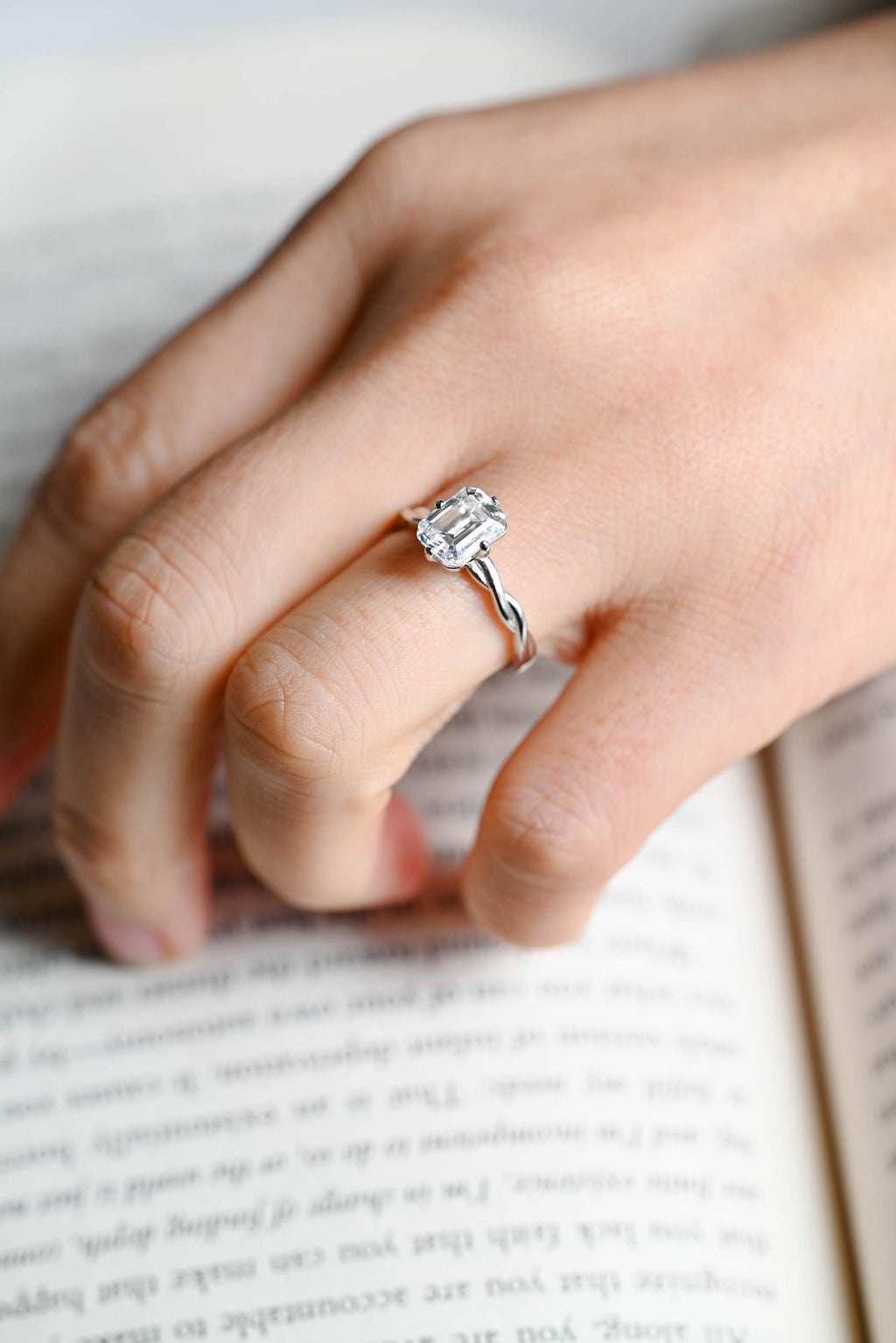 Solid Gold Emerald Cut Moissanite Engagement Ring, Twisted Band Promise Ring