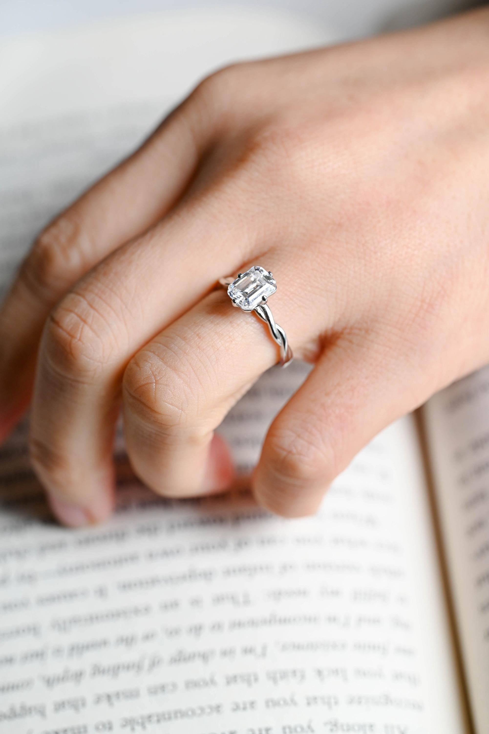 Solid Gold Emerald Cut Moissanite Engagement Ring, Twisted Band Promise Ring