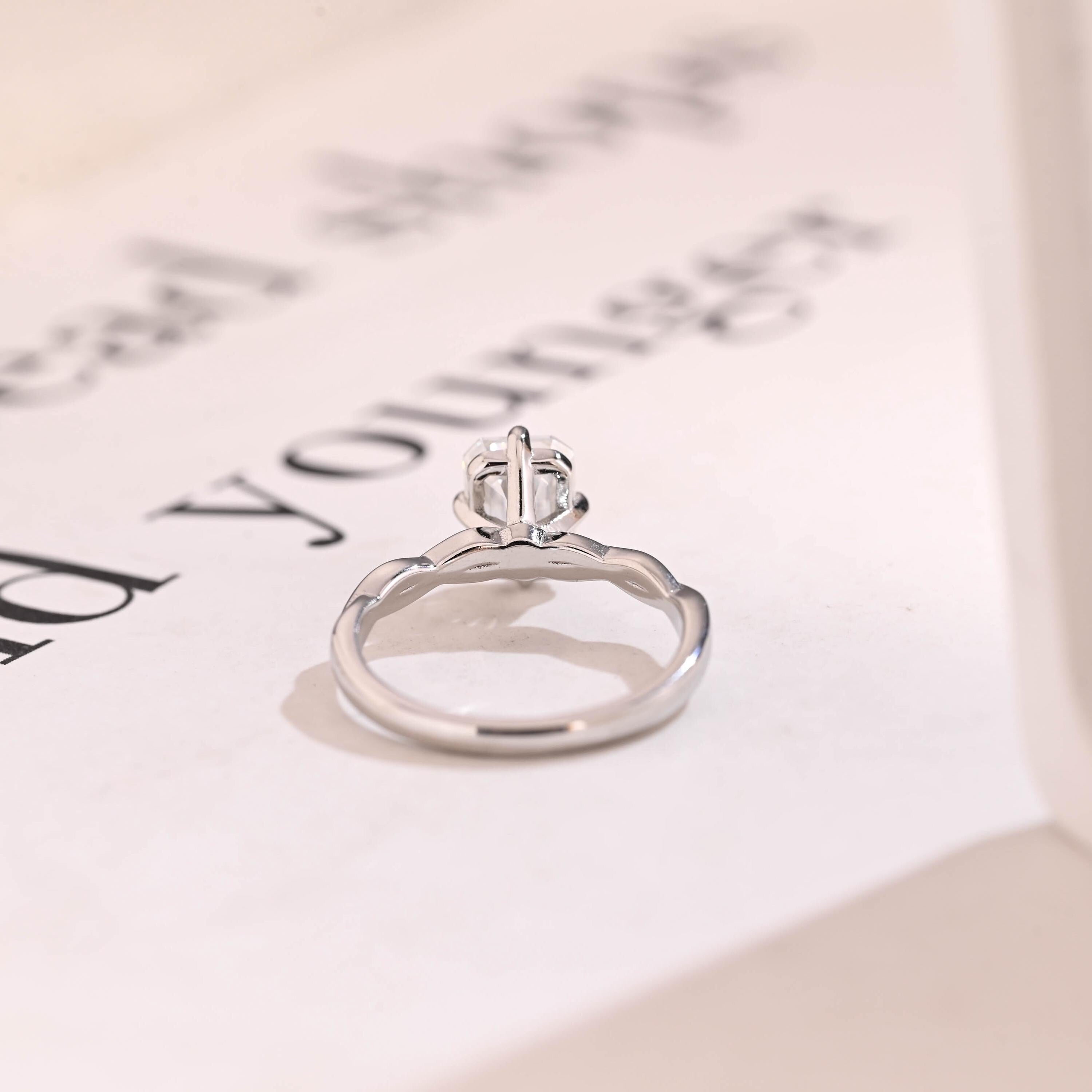 Solid Gold Emerald Cut Moissanite Engagement Ring, Twisted Band Promise Ring
