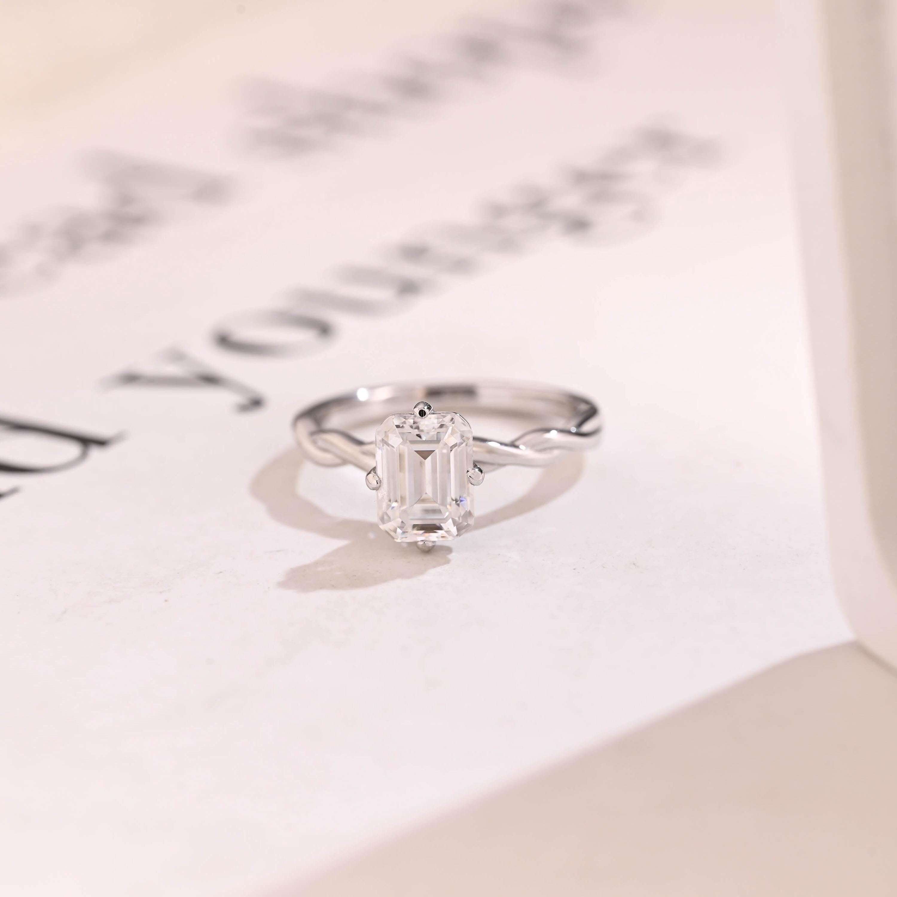 Solid Gold Emerald Cut Moissanite Engagement Ring, Twisted Band Promise Ring Main image
