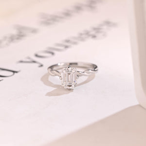 Solid Gold Emerald Cut Moissanite Engagement Ring, Twisted Band Promise Ring