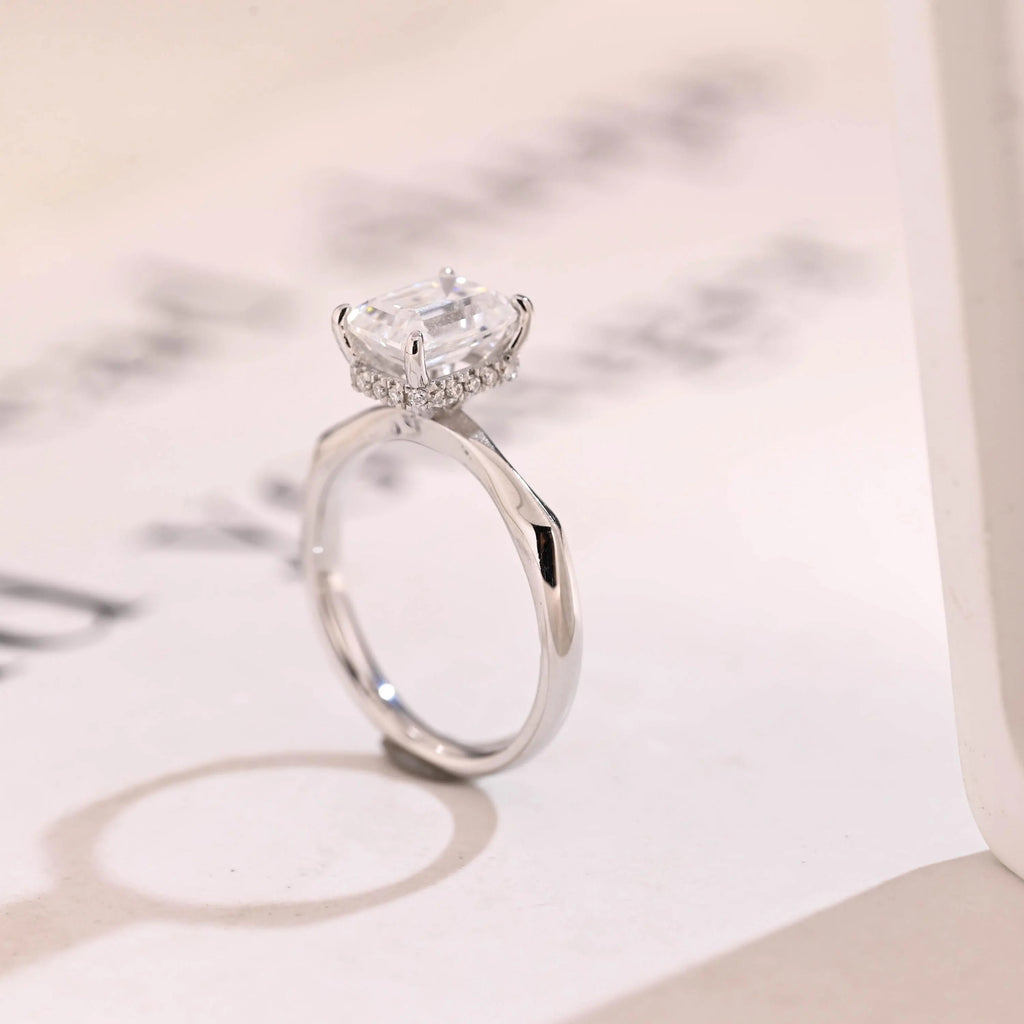 Solid Gold Emerald Cut Moissanite Engagement Ring with Hidden Halo, Promise Ring