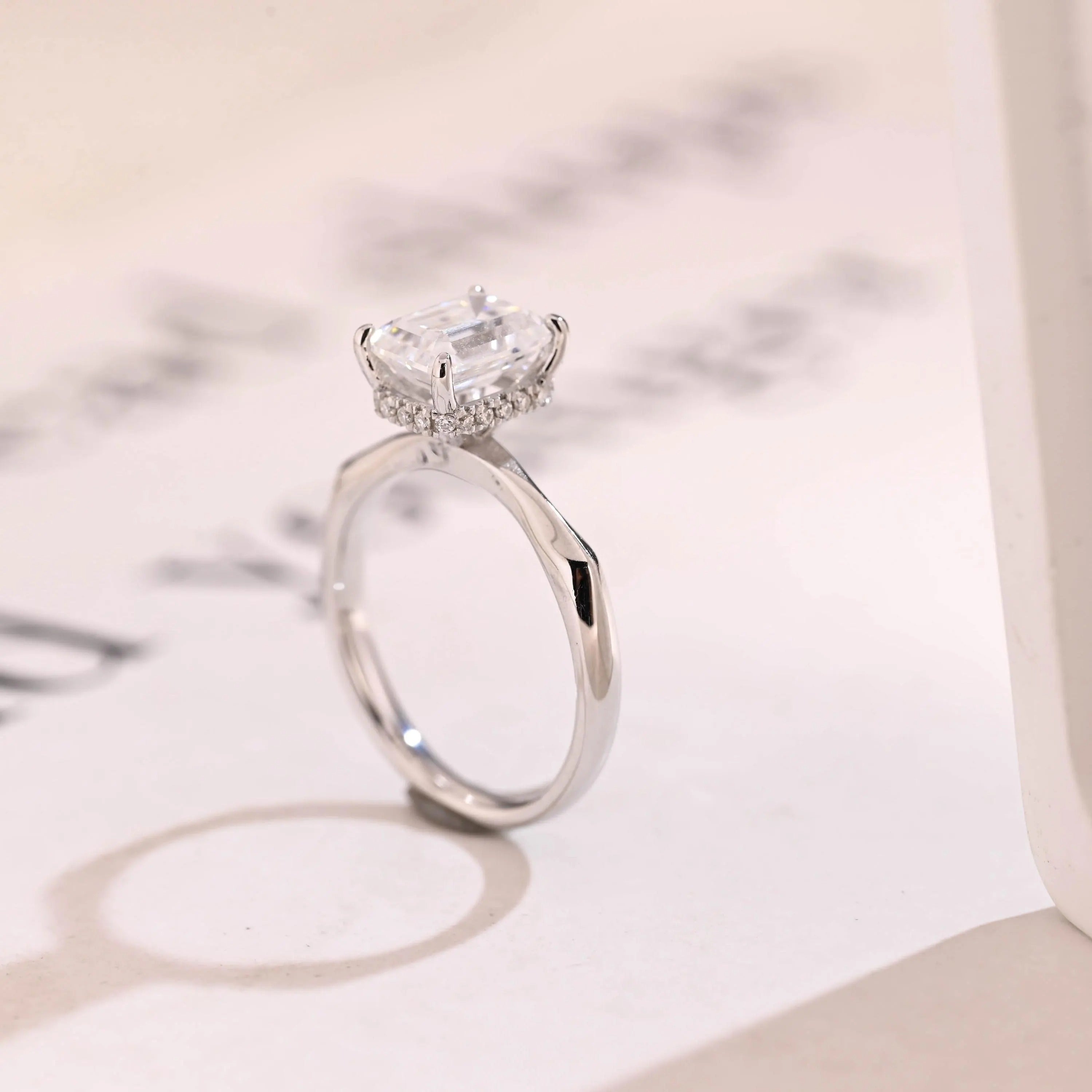 Solid Gold Emerald Cut Moissanite Engagement Ring with Hidden Halo, Promise Ring