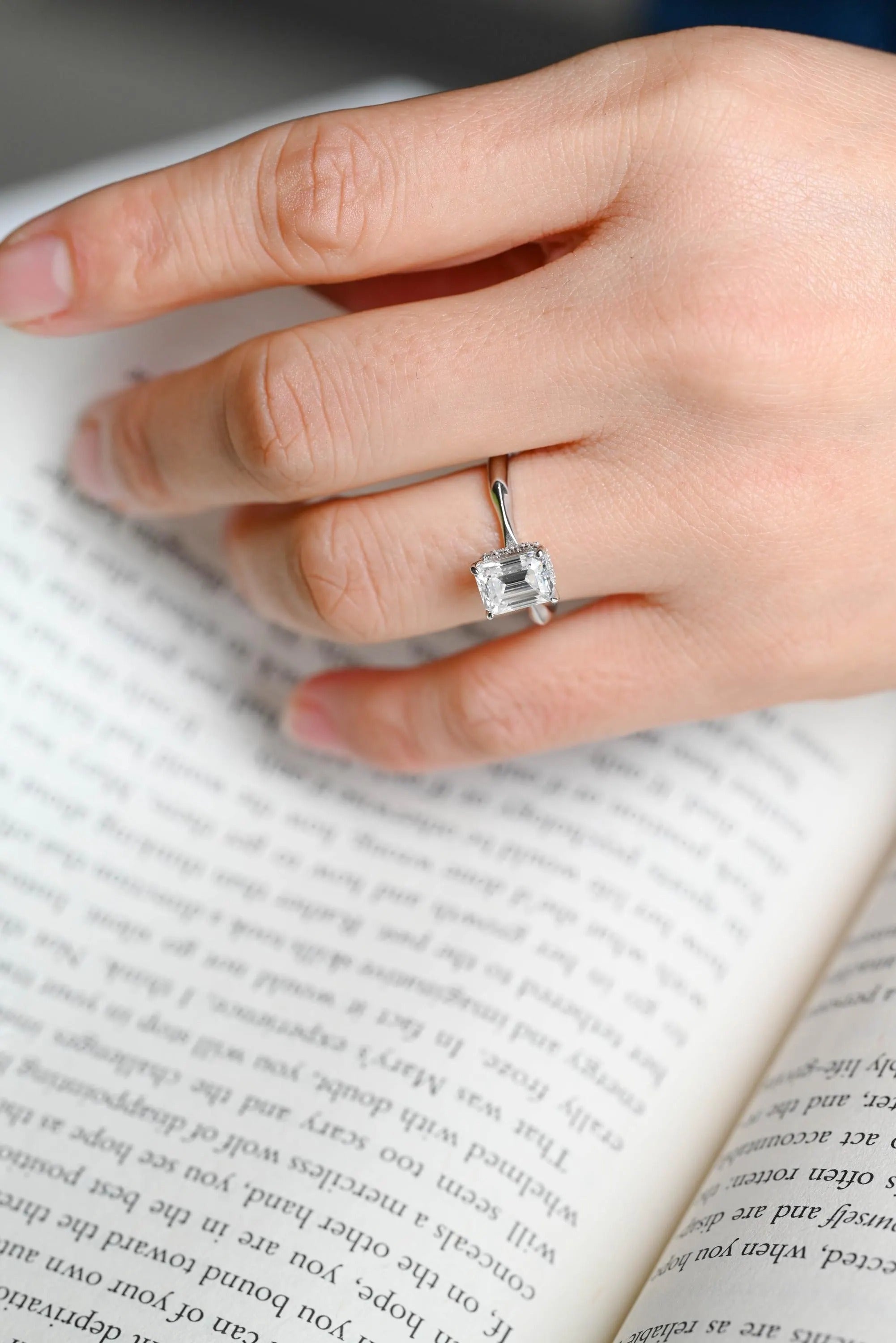 Solid Gold Emerald Cut Moissanite Engagement Ring with Hidden Halo, Promise Ring