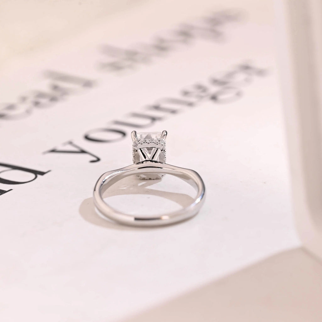 Solid Gold Emerald Cut Moissanite Engagement Ring with Hidden Halo, Promise Ring