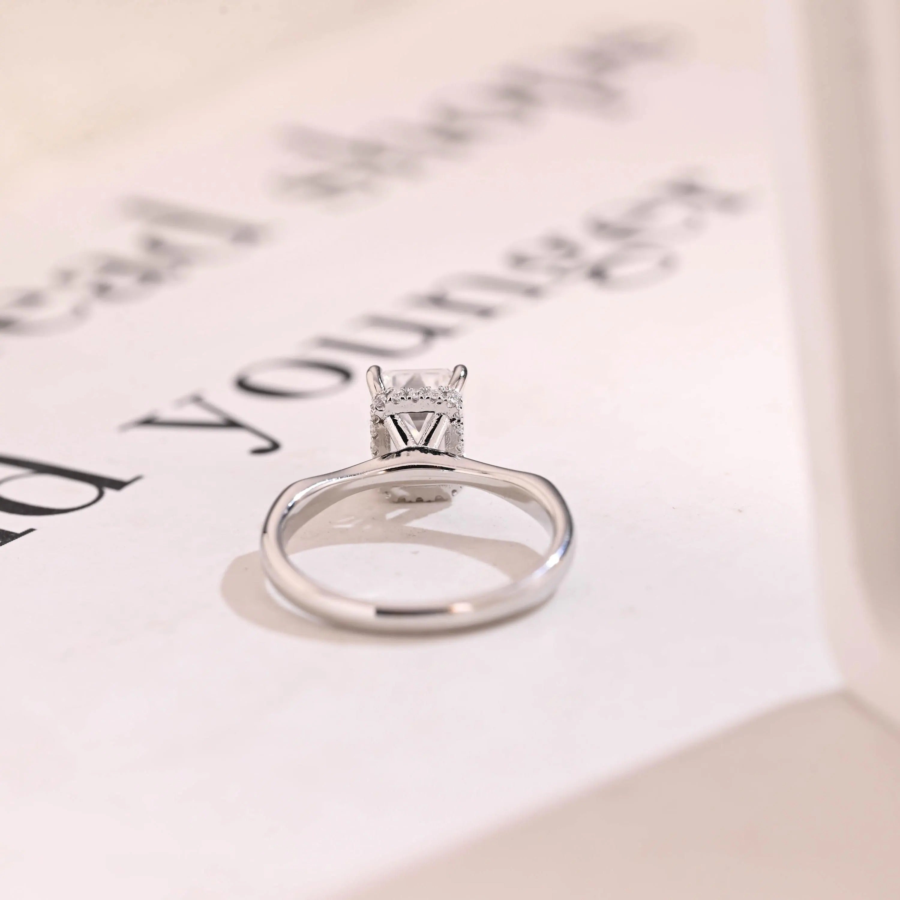 Solid Gold Emerald Cut Moissanite Engagement Ring with Hidden Halo, Promise Ring