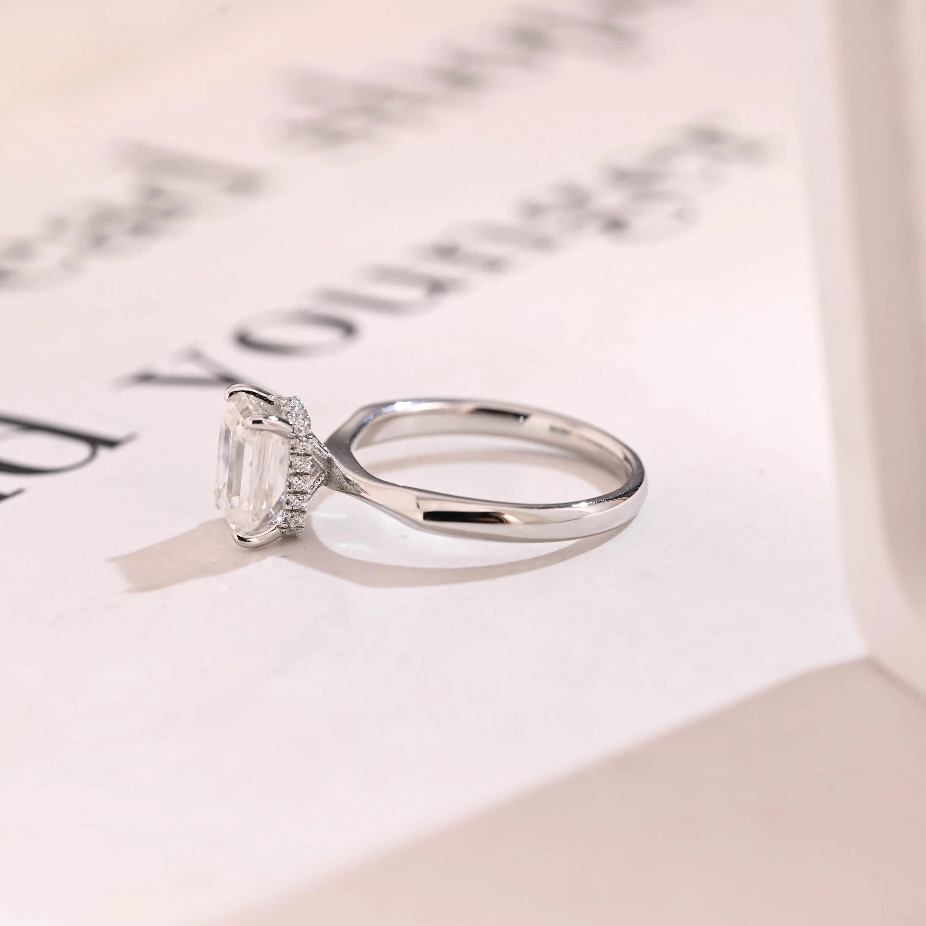 Solid Gold Emerald Cut Moissanite Engagement Ring with Hidden Halo, Promise Ring