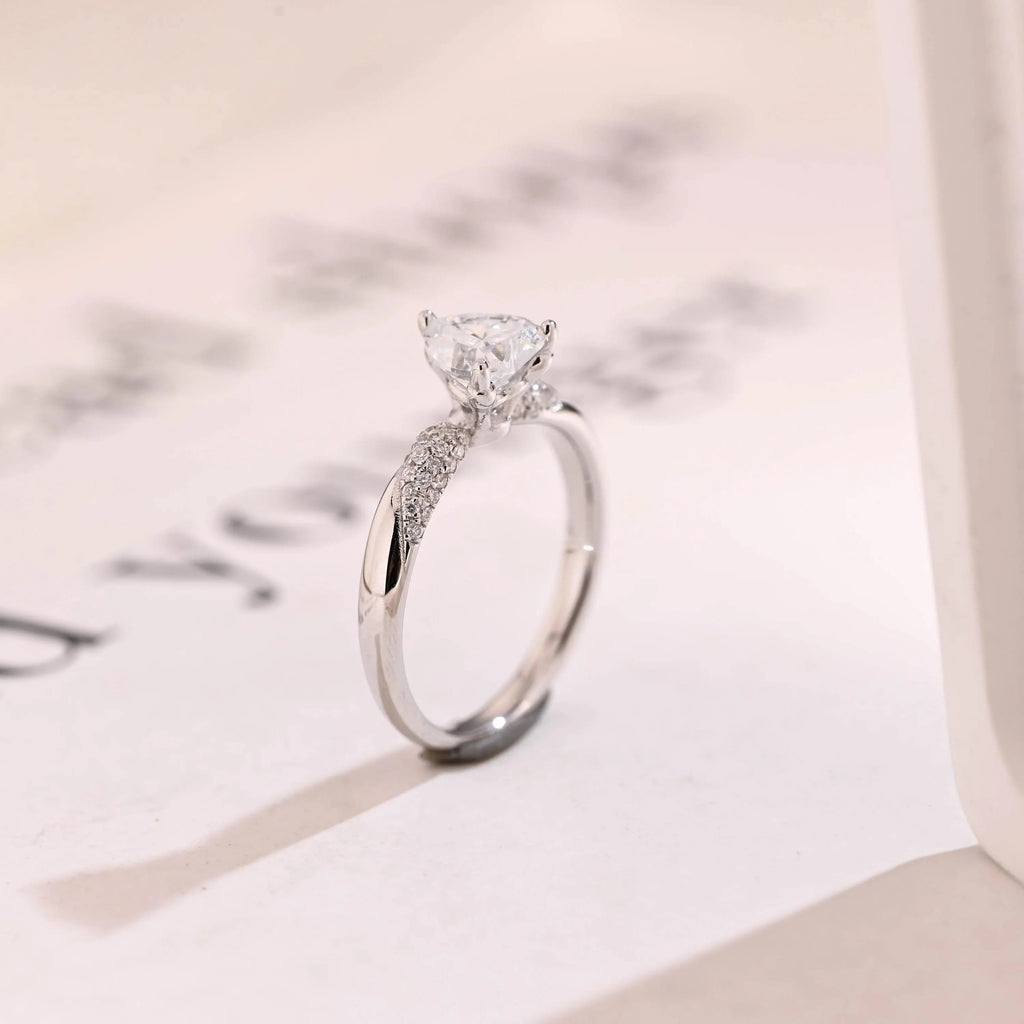Solid Gold Heart Cut Moissanite Engagement Ring, Half Eternity Promise Ring