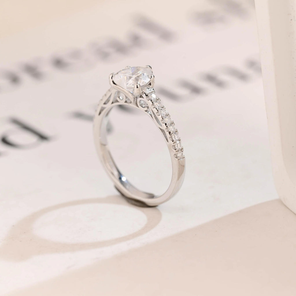 Solid Gold Half Eternity Heart Cut Moissanite Engagement Ring