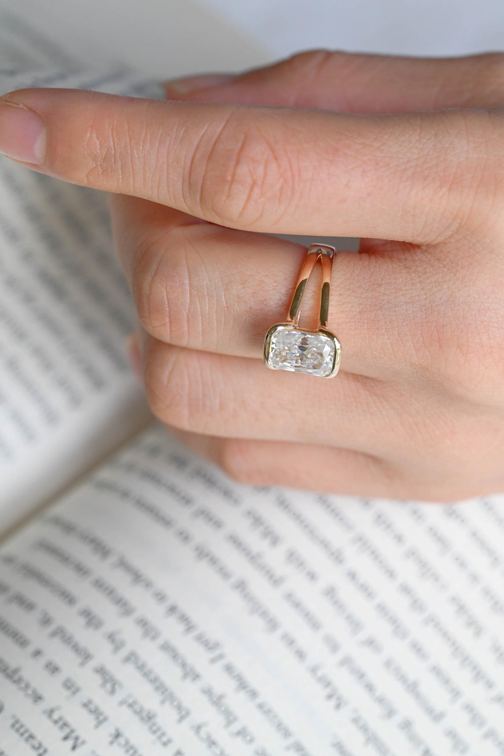 Solid Gold Radiant Cut Moissanite Bezel Engagement Ring, Split Shank Ring,