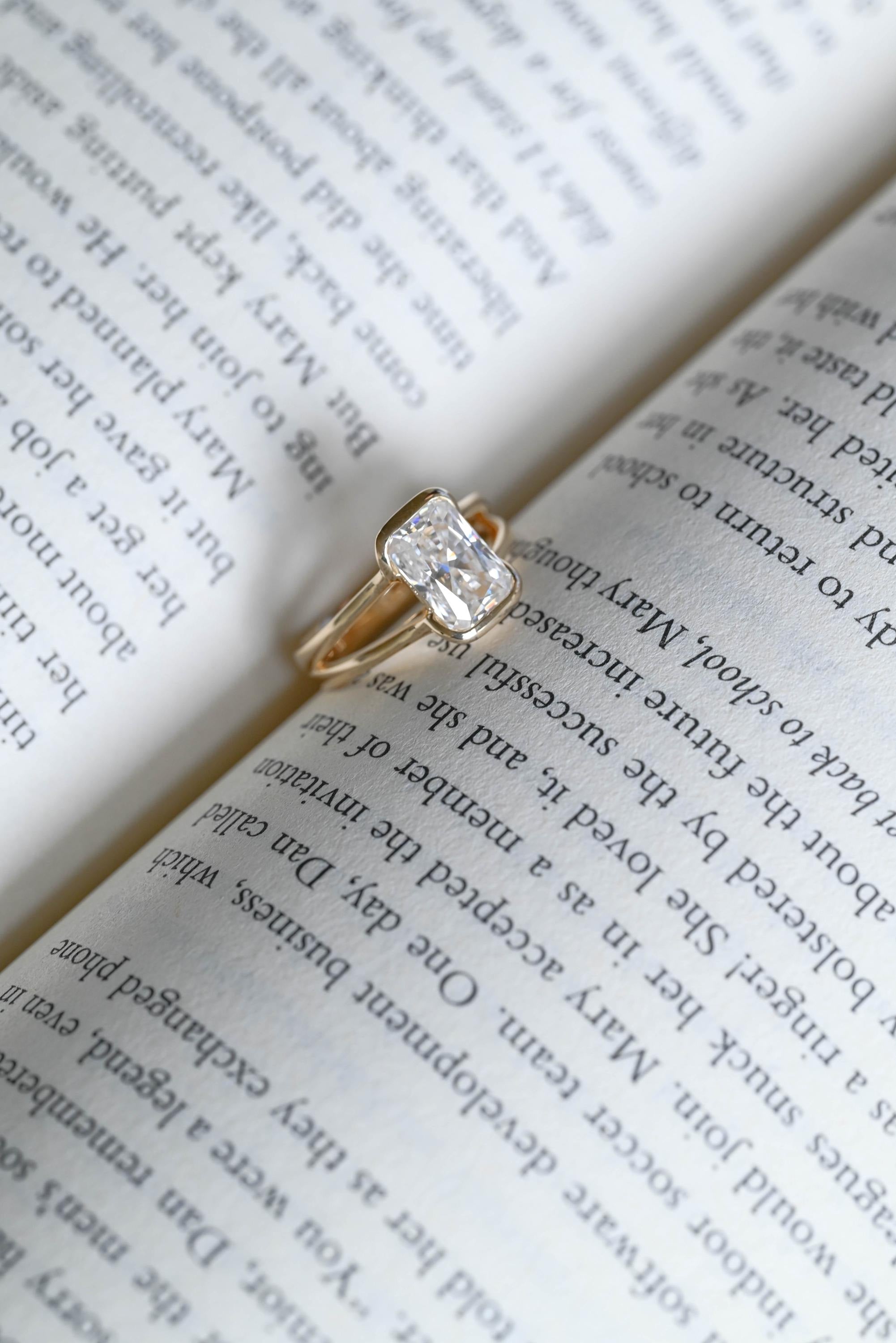 Solid Gold Radiant Cut Moissanite Bezel Engagement Ring, Split Shank Ring,