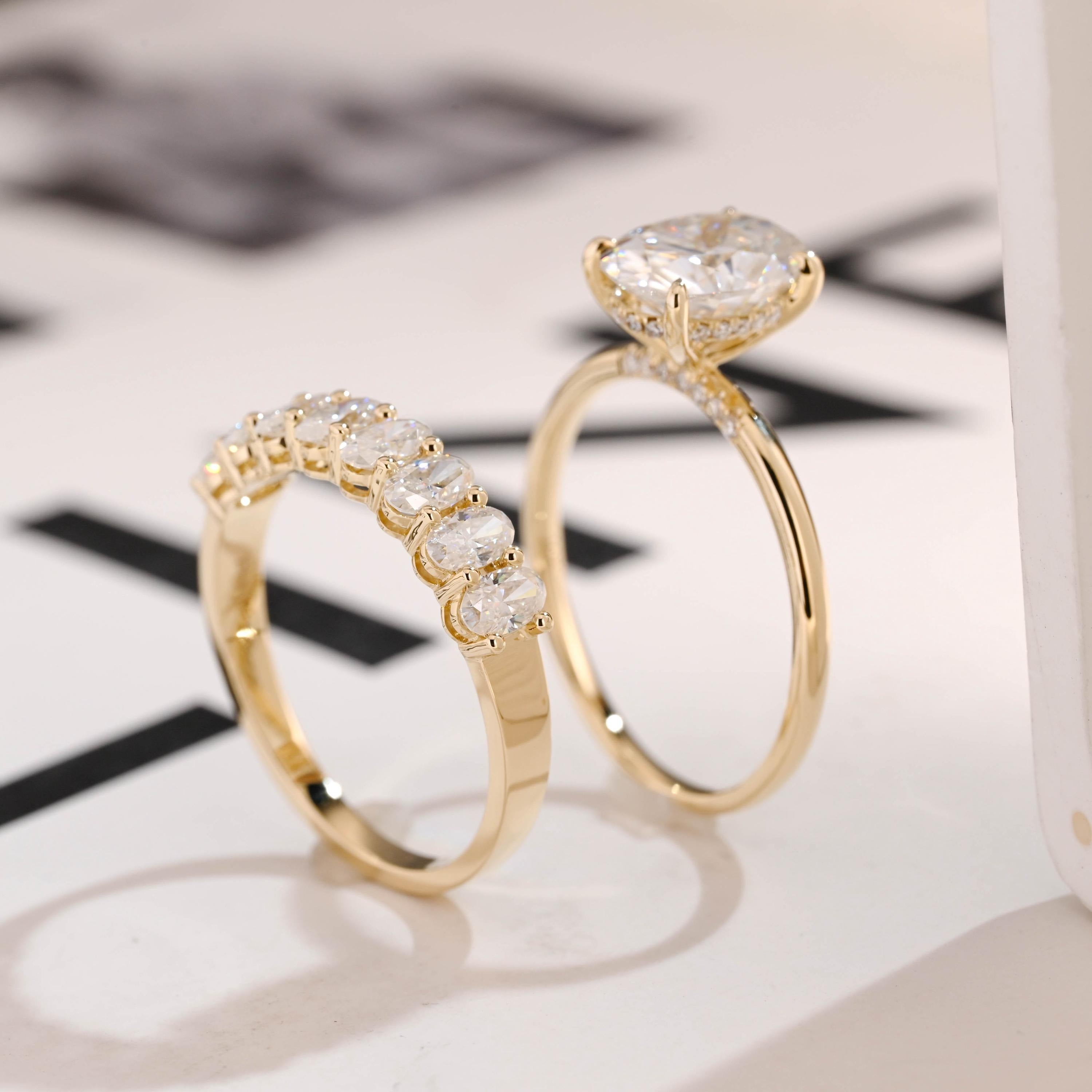 Solid Gold Oval Cut Moissanite Wedding Band Set, bridal engagement ring