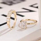 Solid Gold Oval Cut Moissanite Wedding Band Set, bridal engagement ring