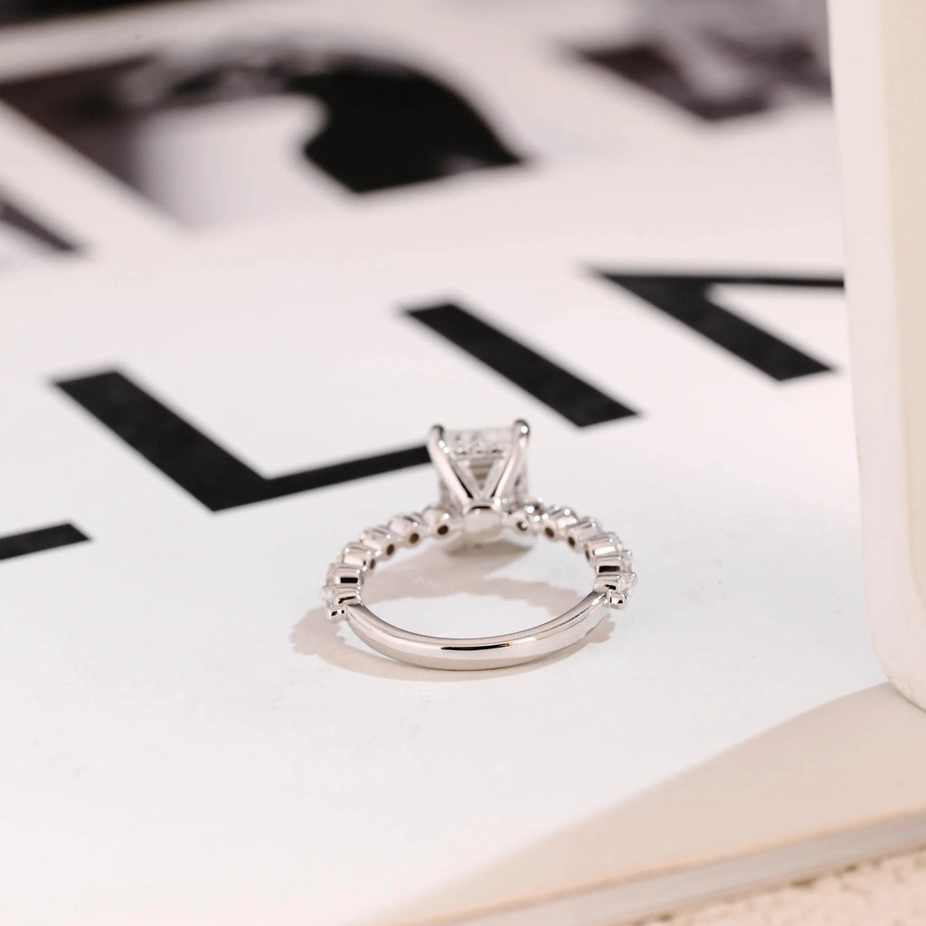 Solid Gold Emerald Cut Moissanite Engagement Ring, Half Eternity & Hidden Halo Promise Ring