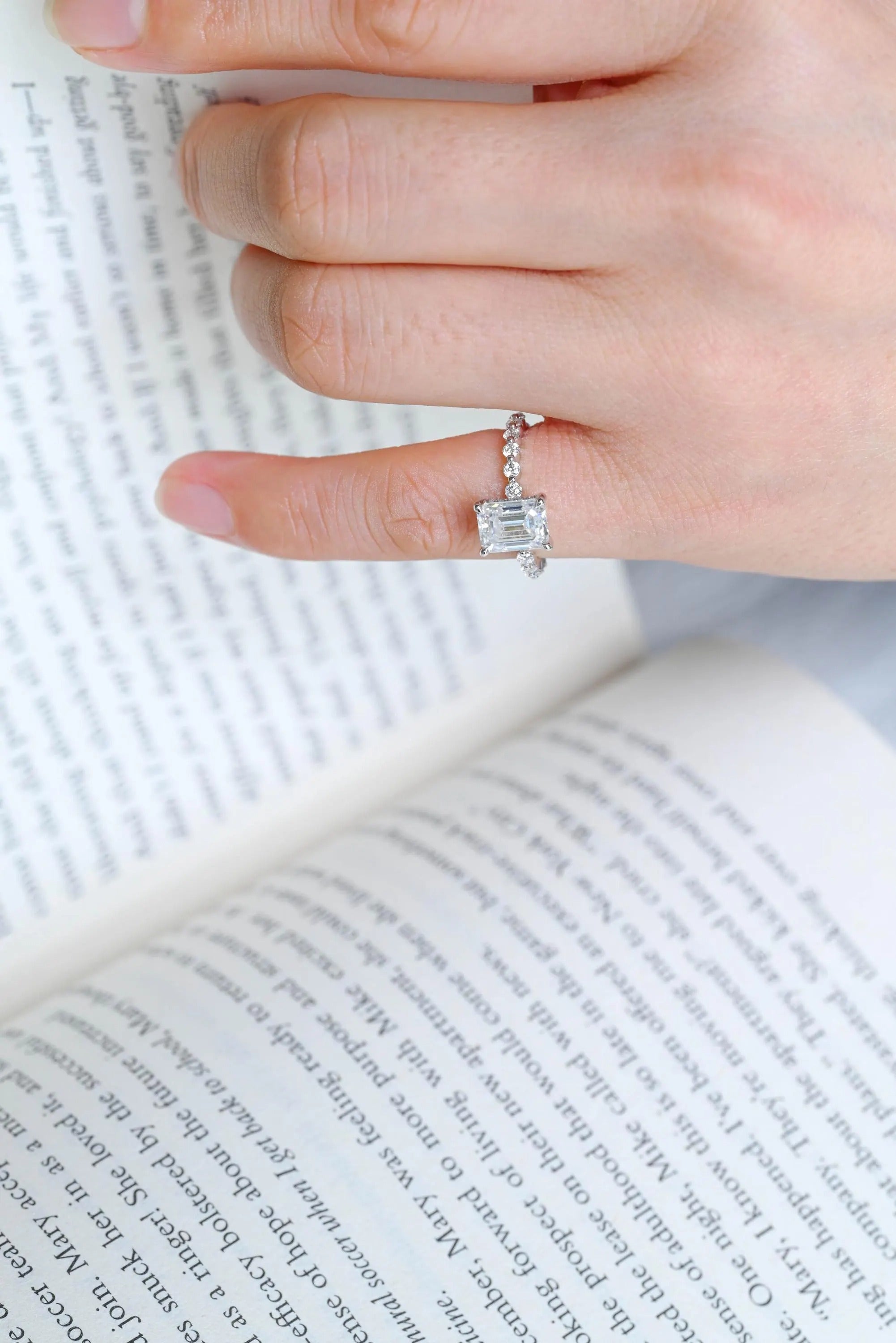 Solid Gold Emerald Cut Moissanite Engagement Ring, Half Eternity & Hidden Halo Promise Ring