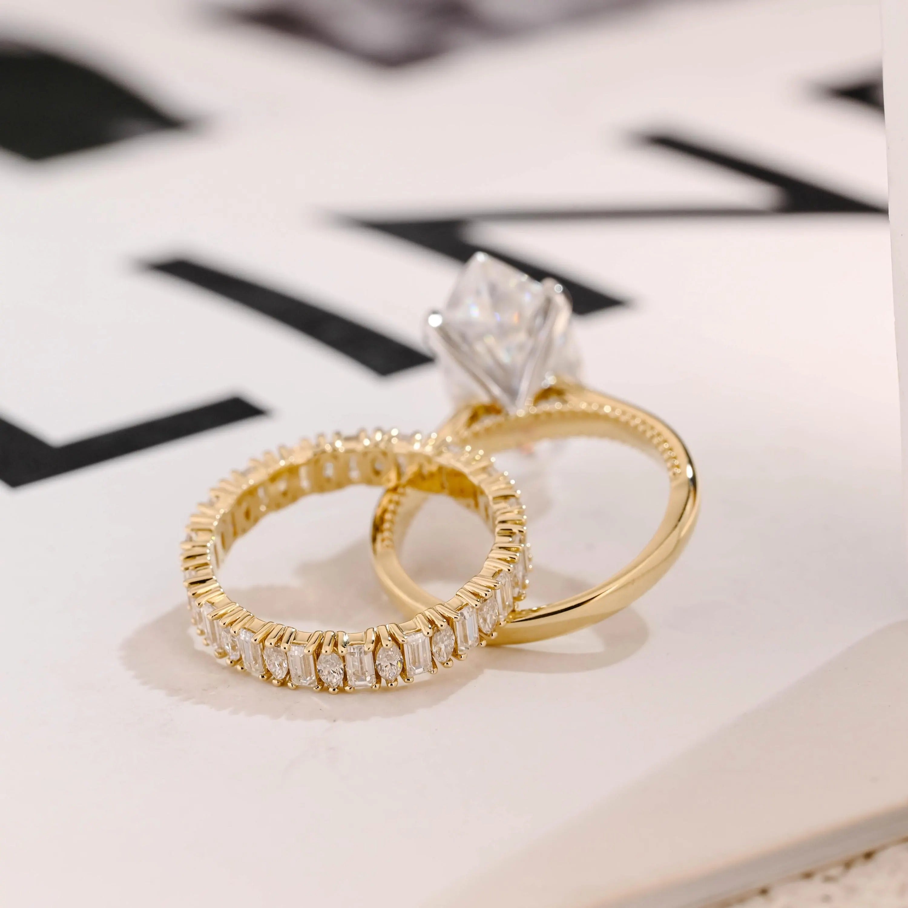 Solid Gold Marquise Cut Moissanite Wedding Band Set