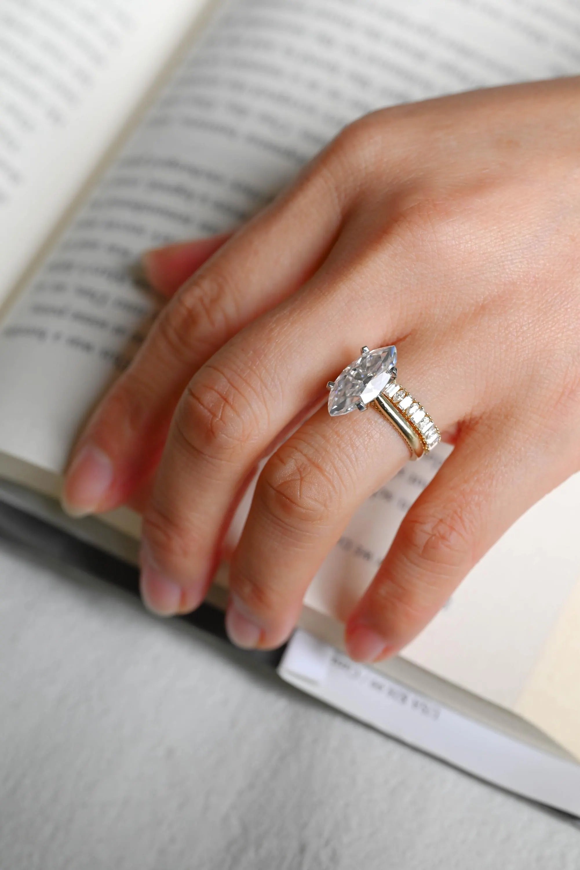 Solid Gold Marquise Cut Moissanite Wedding Band Set