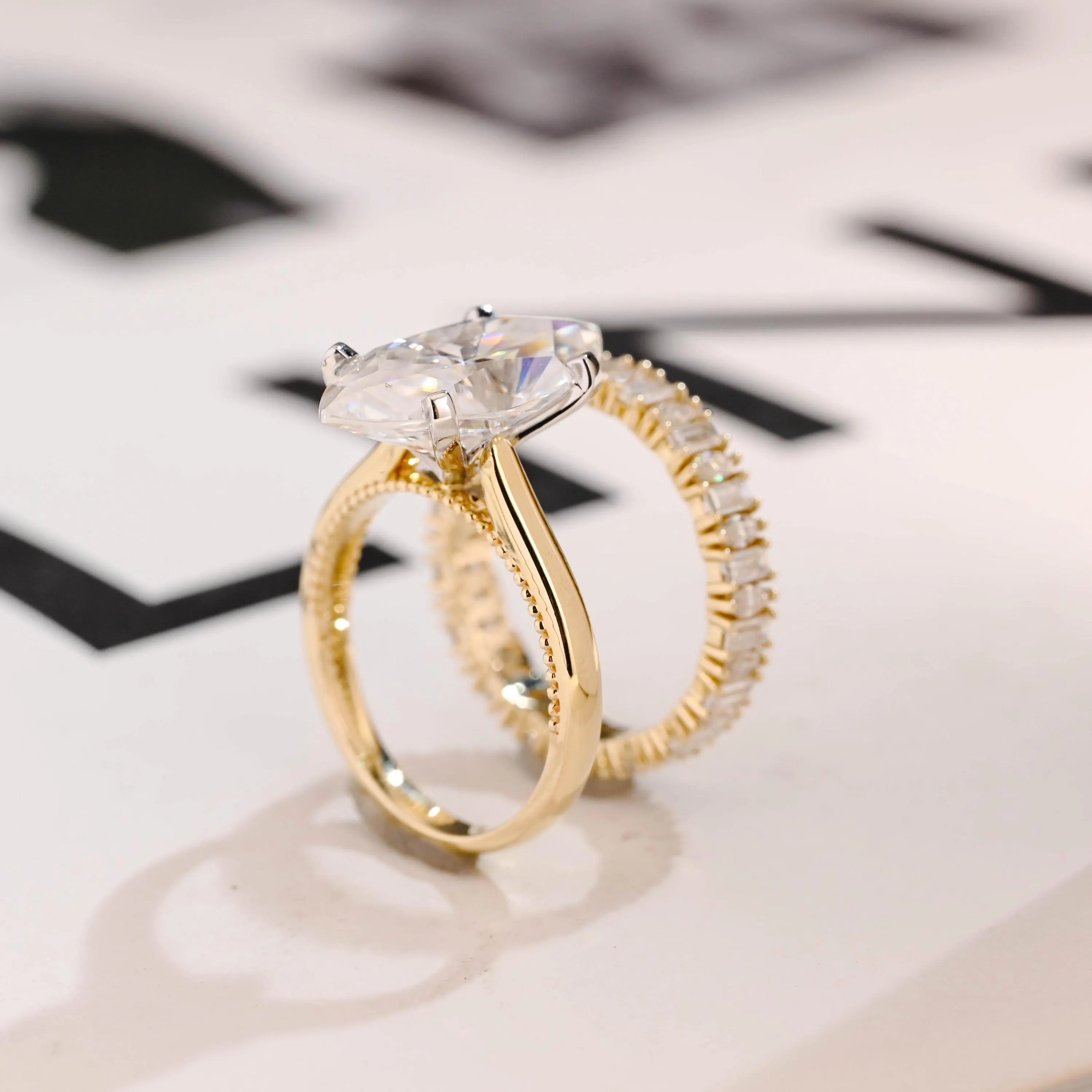 Solid Gold Marquise Cut Moissanite Wedding Band Set