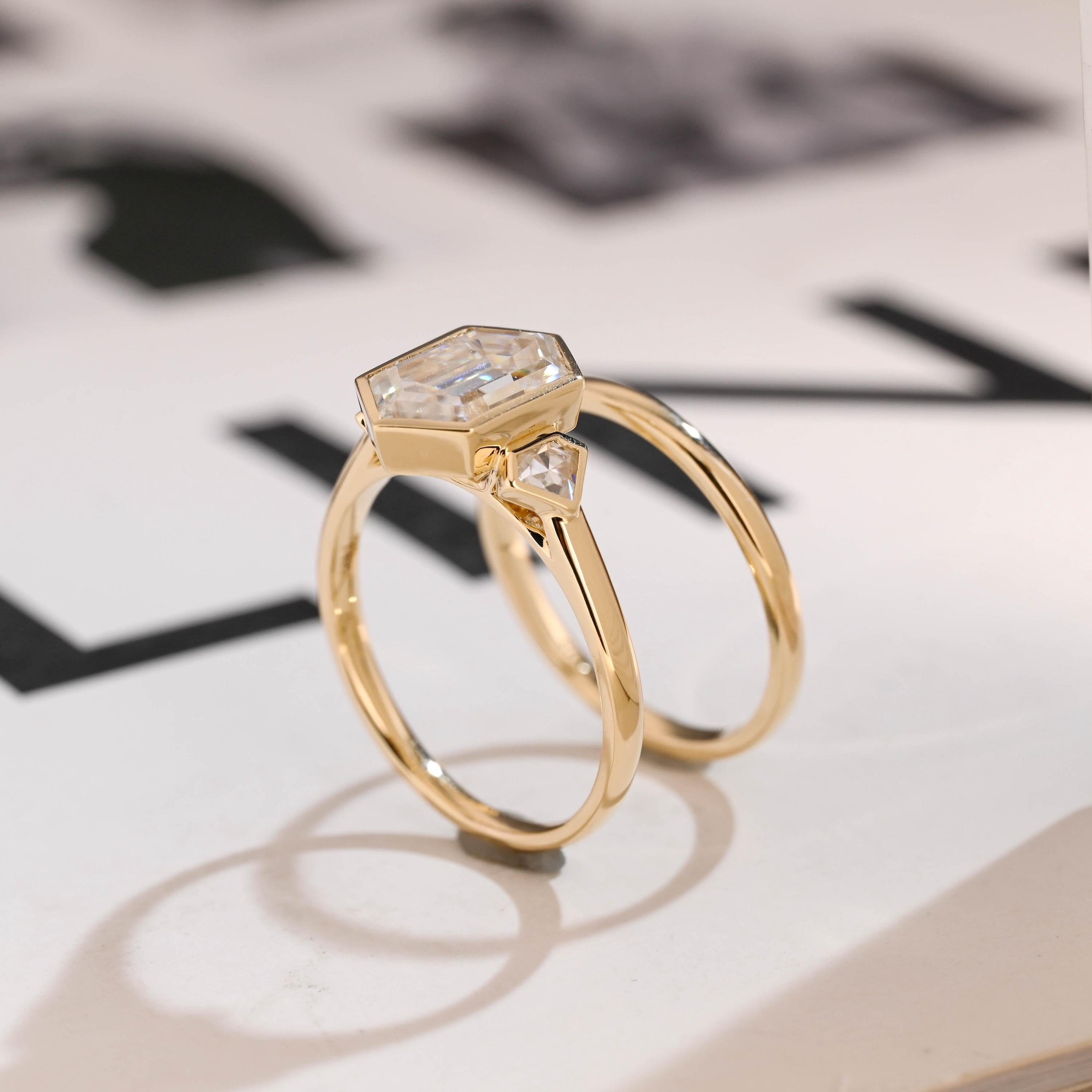 Solid Gold Hexagon Moissanite Engagement Ring Set, Bezel Ring Wedding Band Set