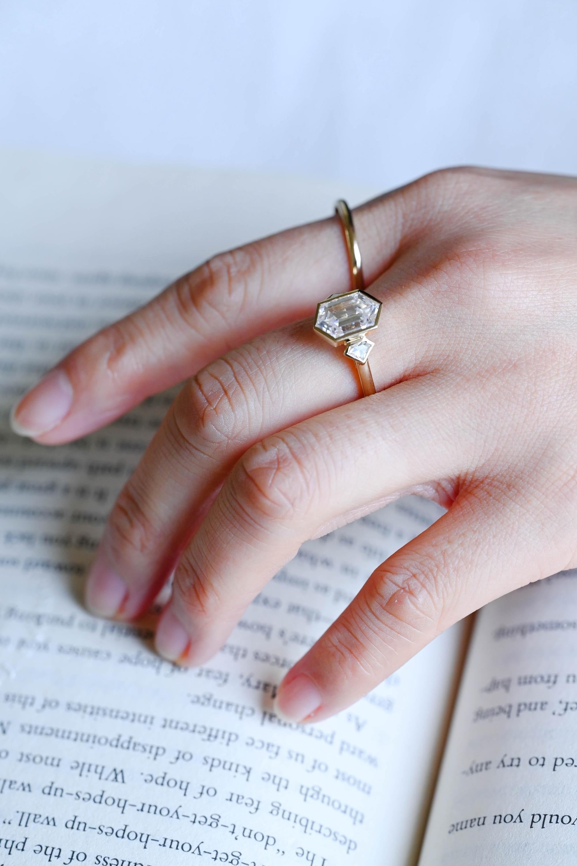 Solid Gold Hexagon Moissanite Engagement Ring Set, Bezel Ring Wedding Band Set
