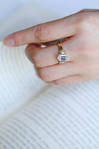 Solid Gold Hexagon Moissanite Engagement Ring Set, Bezel Ring Wedding Band Set