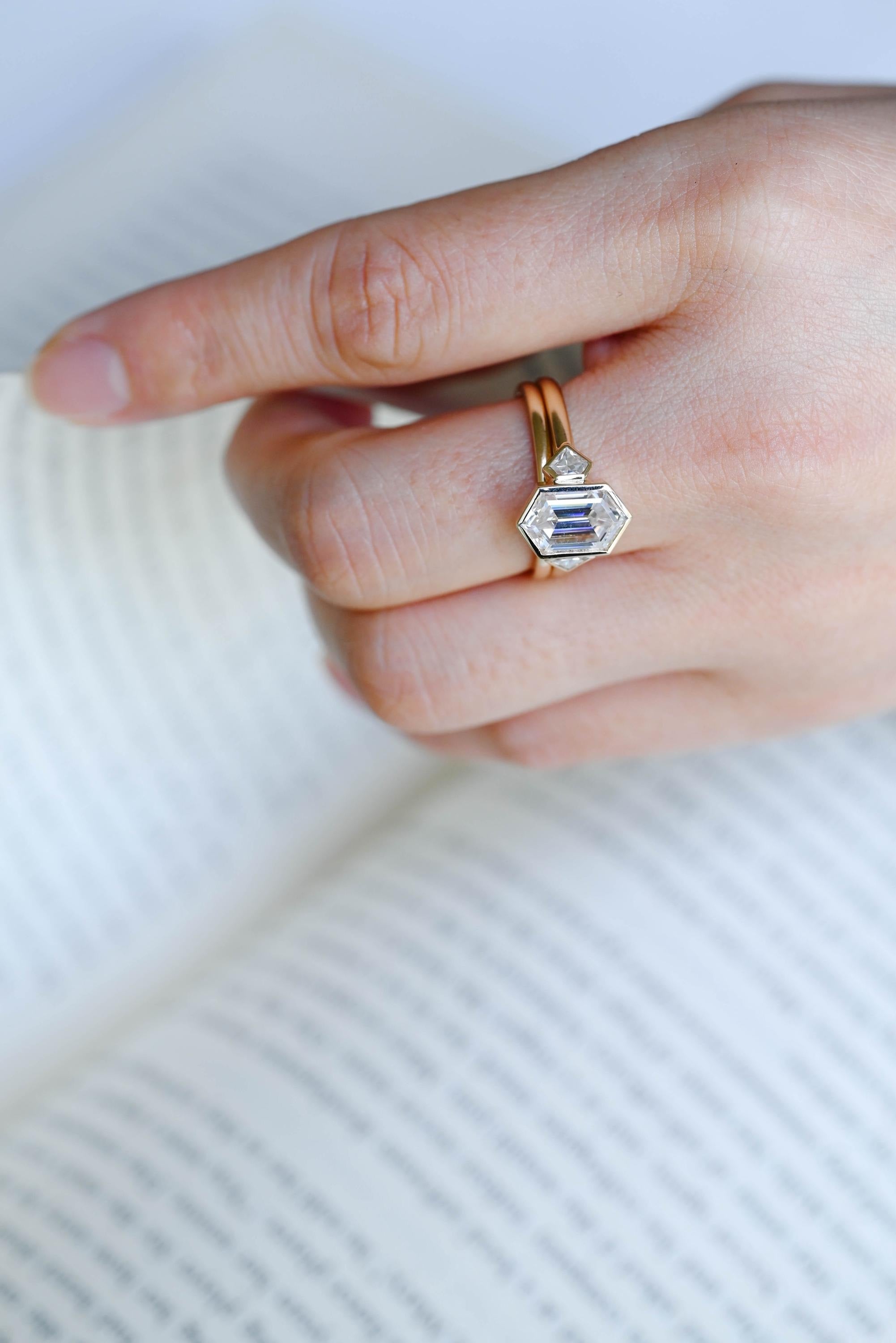 Solid Gold Hexagon Moissanite Engagement Ring Set, Bezel Ring Wedding Band Set