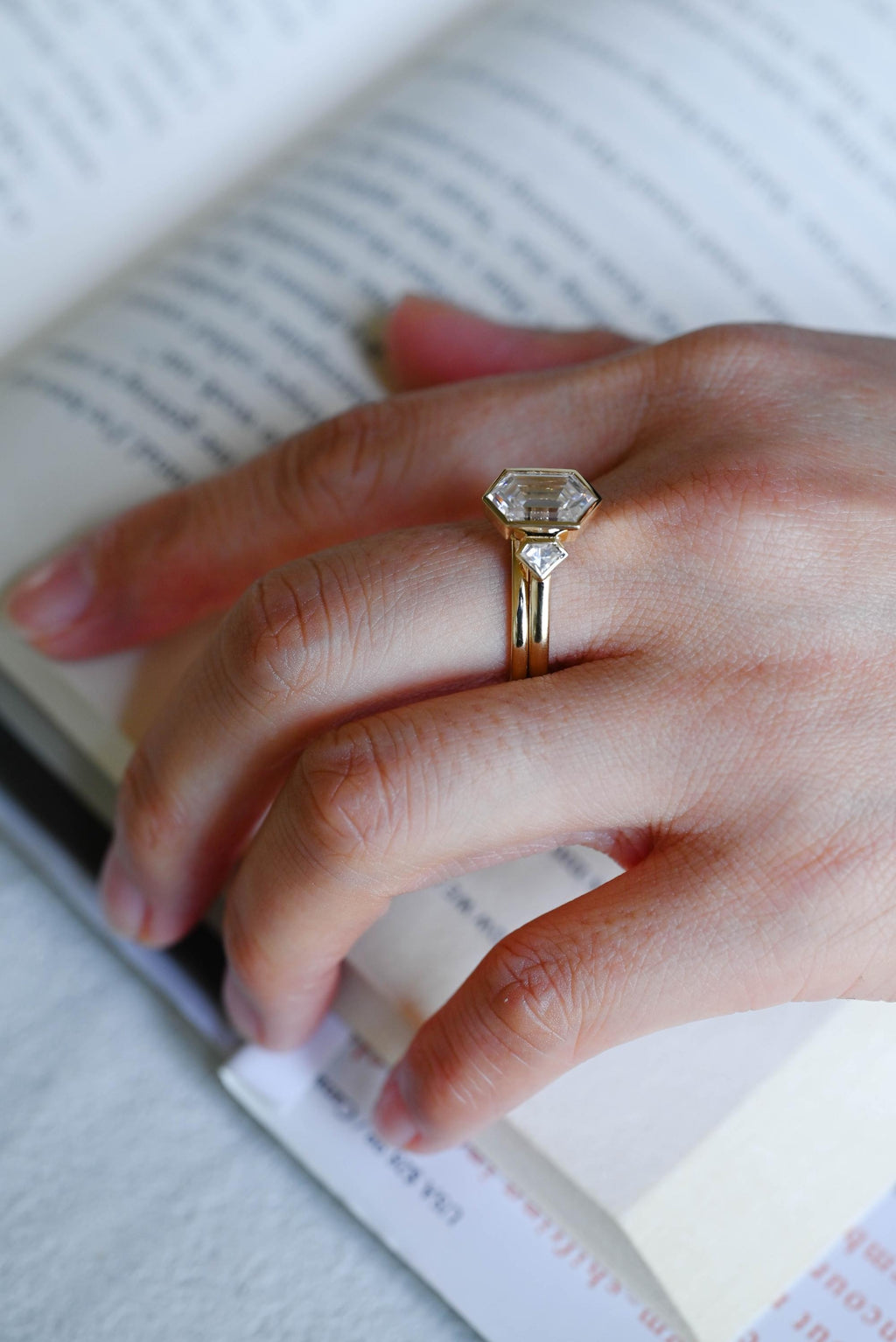 Solid Gold Hexagon Moissanite Engagement Ring Set, Bezel Ring Wedding Band Set