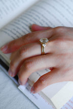 Solid Gold Hexagon Moissanite Engagement Ring Set, Bezel Ring Wedding Band Set