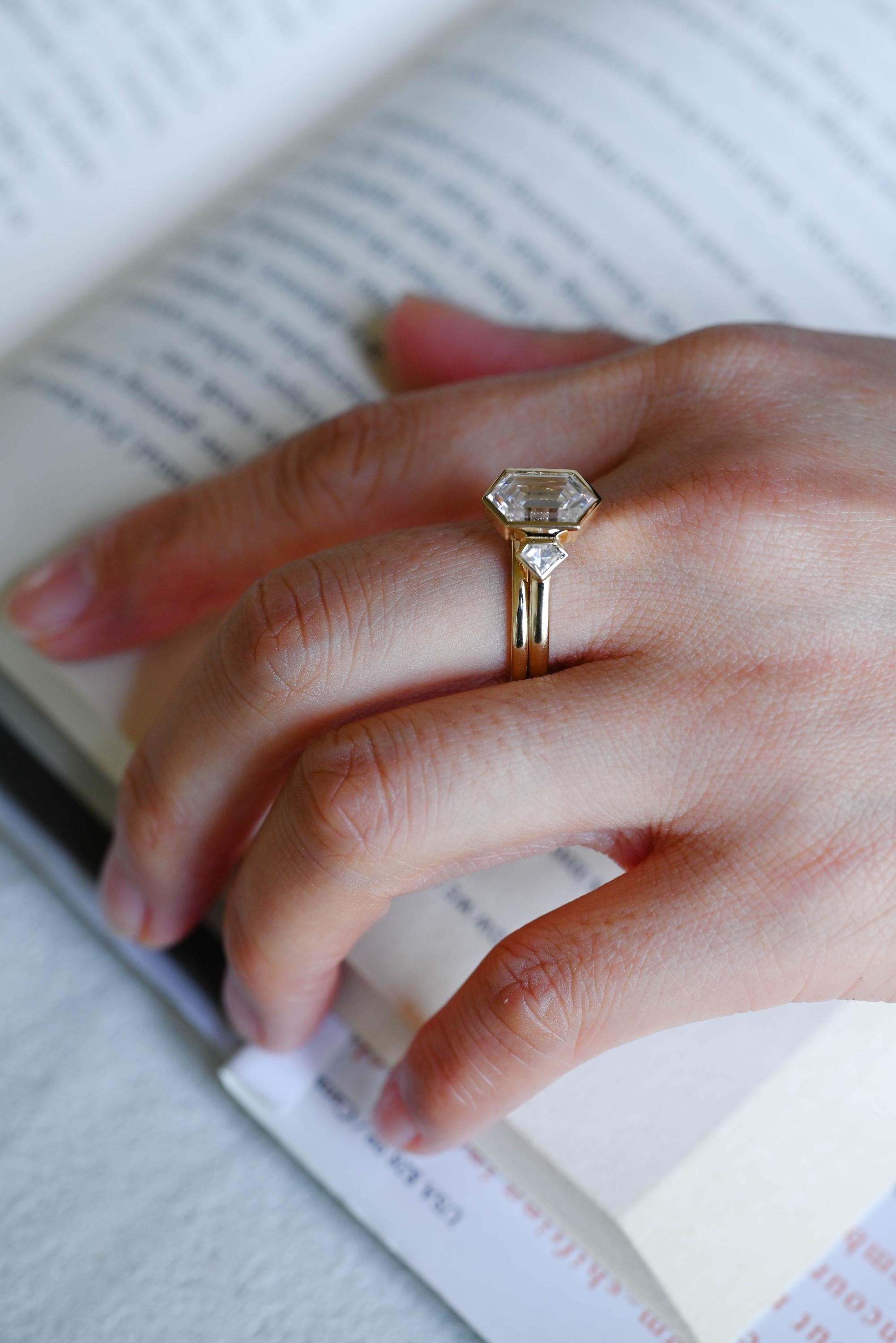 Solid Gold Hexagon Moissanite Engagement Ring Set, Bezel Ring Wedding Band Set