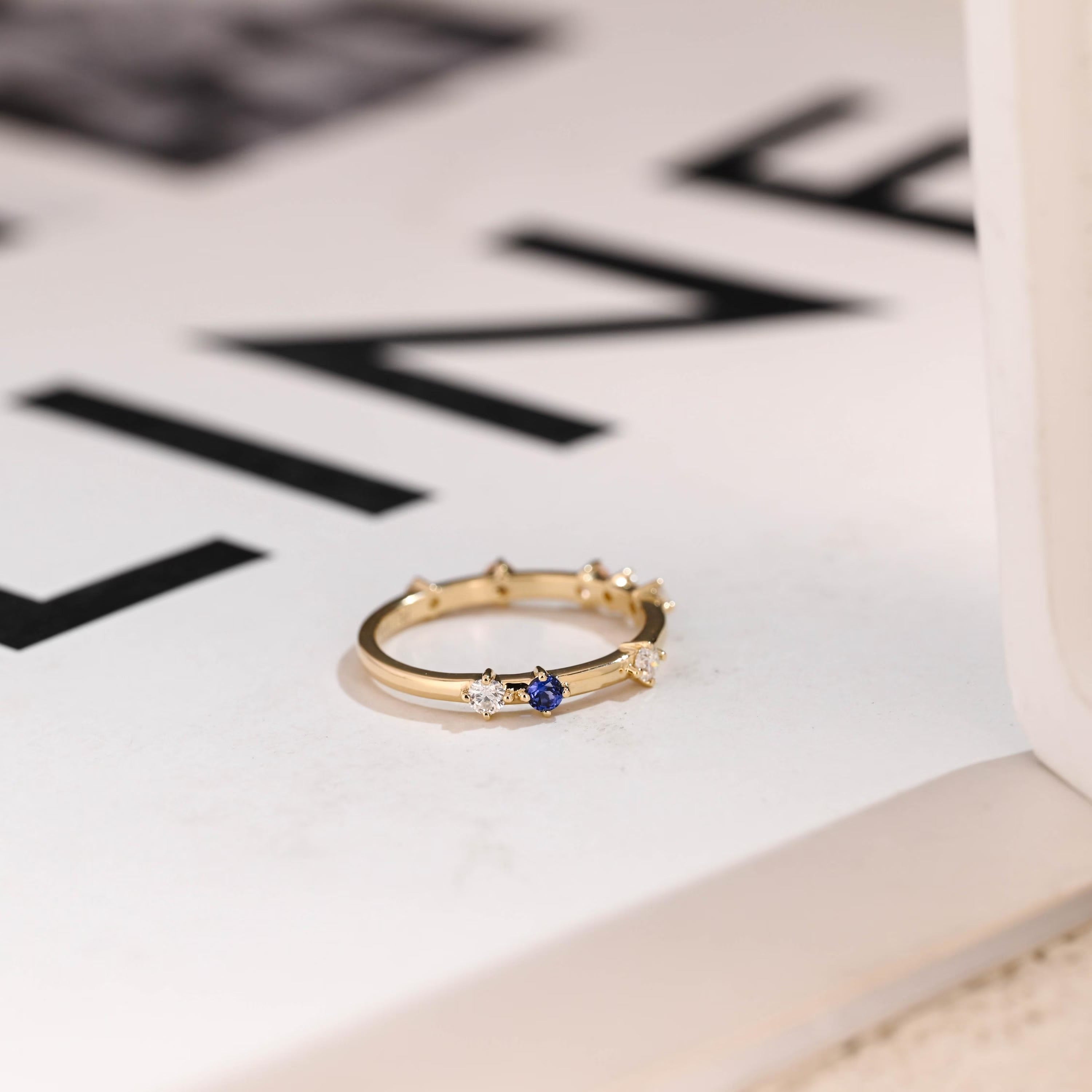 Dainty Solid Gold Ring with Gemstones, Minimalist Stacking Ring