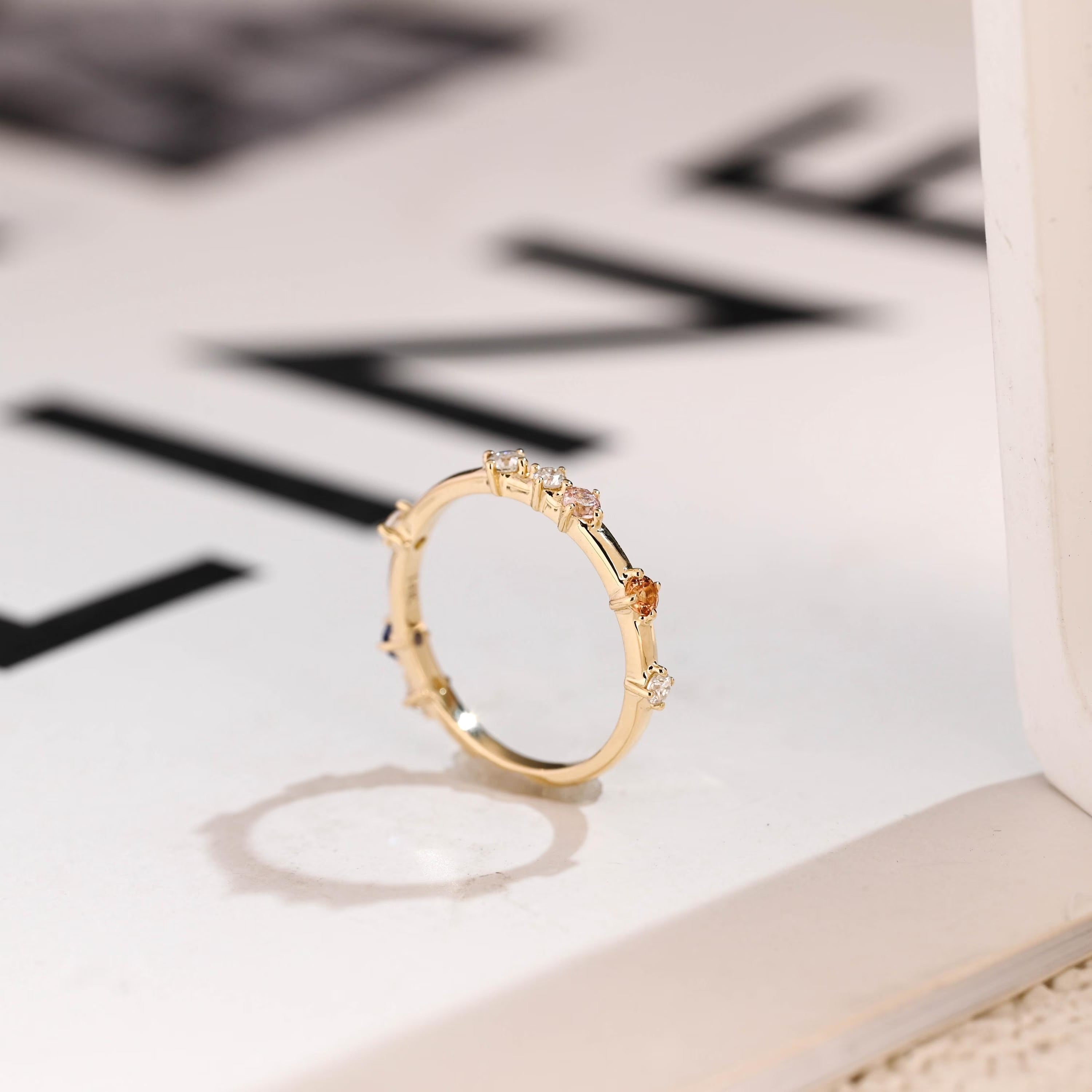 Dainty Solid Gold Ring with Gemstones, Minimalist Stacking Ring