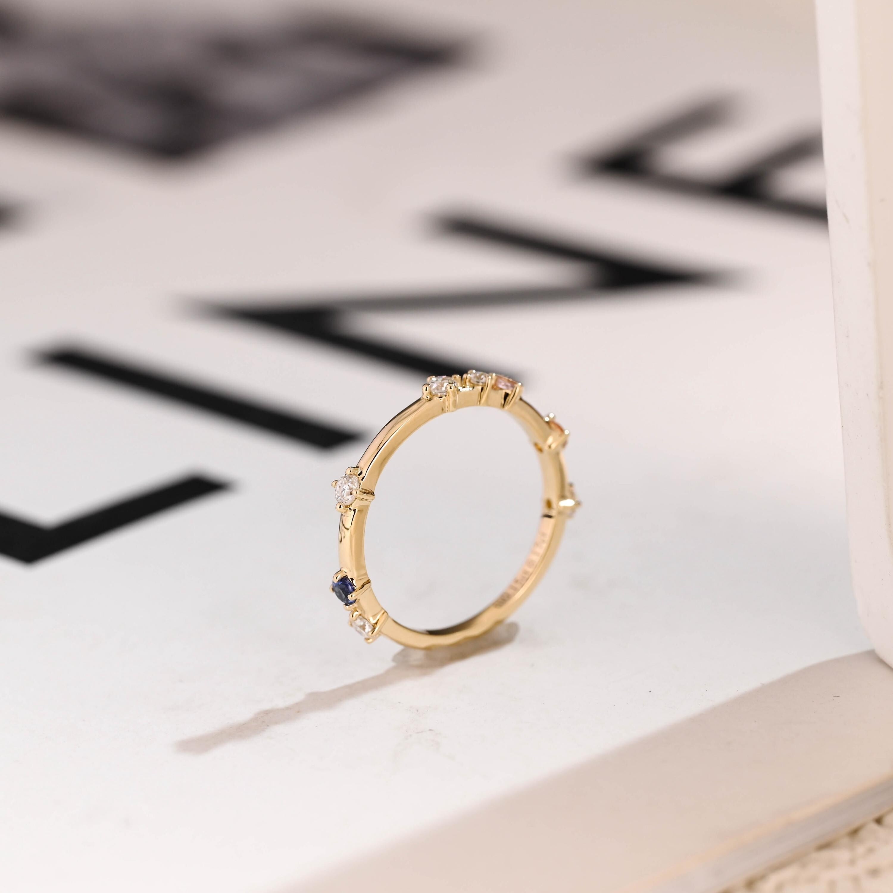 Dainty Solid Gold Ring with Gemstones, Minimalist Stacking Ring