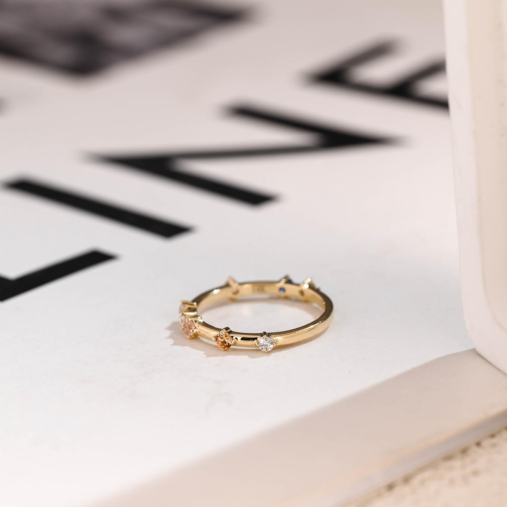 Dainty Solid Gold Ring with Gemstones, Minimalist Stacking Ring